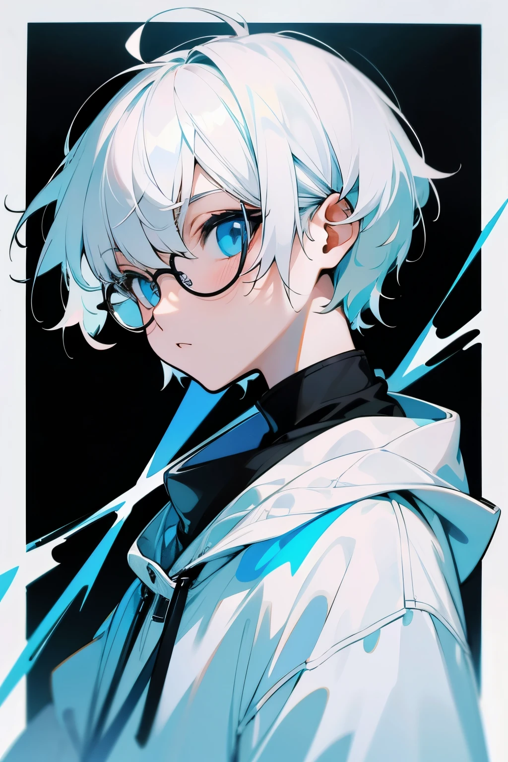 White hair，short hair，youth，clear sky blue eyes，Black square frame glasses。White sweatshirt。calm，rational