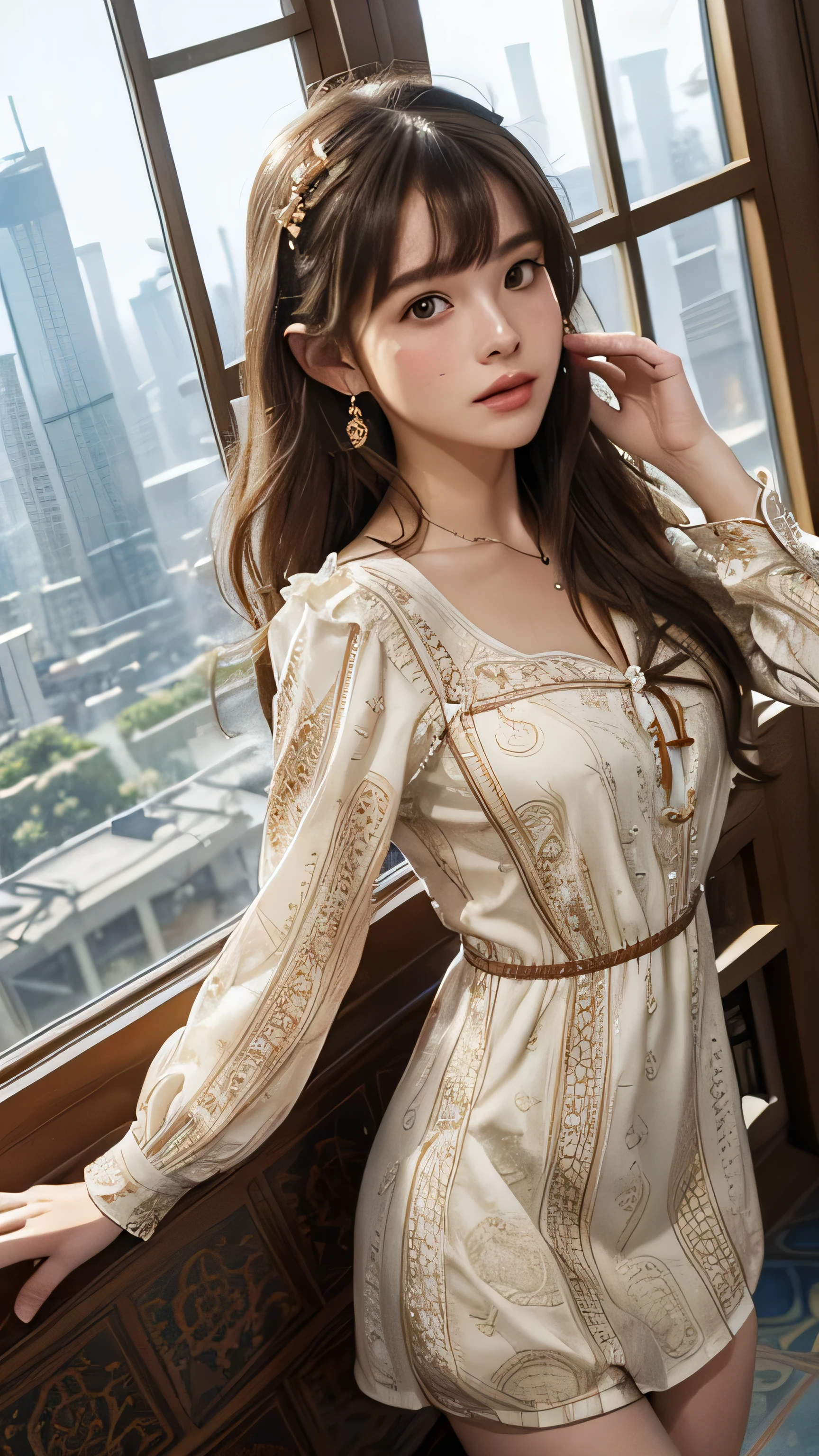 (Very delicate and beautiful: 1.2), 1 girl, Robber Girl, bangs, Cute eyes, bow, Brown Hair, Mouth closed, landscape, Hair between the eyes, hair bow, Long sleeve, Looking at the audience, Medium Hair, alone, Upper Body, Short school uniform: 1.3, ((alone)), (masterpiece), blonde、Various movement poses、With a smile、mini skirt、mini shirt、uniform、Loosely inward wavy hair,Gold Necklace_Large earrings,Extra long brown hair、((Skyscrapers look hazy outside the window:1.4)),((From an oblique angle above:1.5)),((intricately patterned shirt mini dress:1.5)),