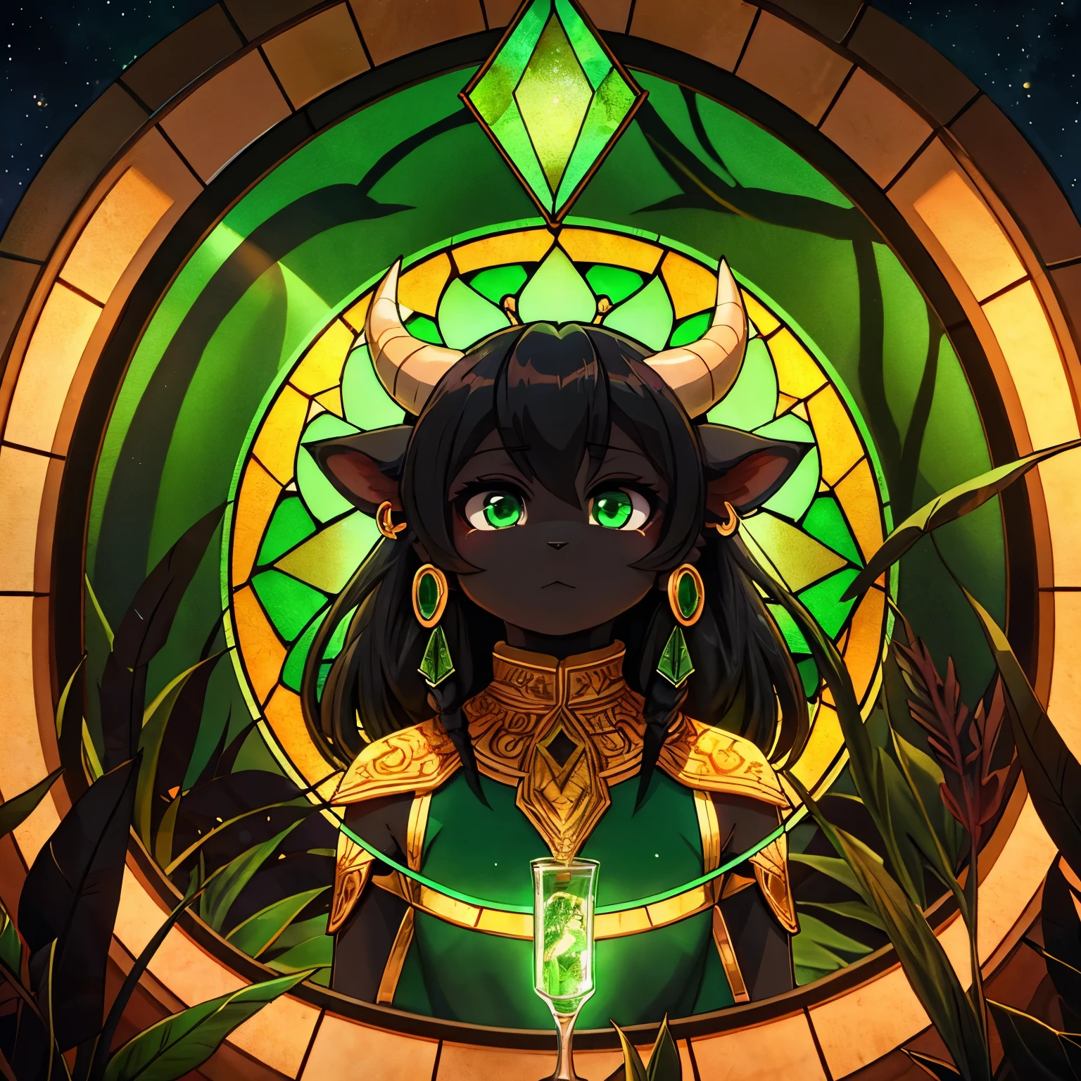 A black goat beastman with emerald green eyes.、Horizontal pupil、Beautiful glass circle earrings with plants trapped inside、The horns are mouflon、Jet black hair、stained glass style、anime style