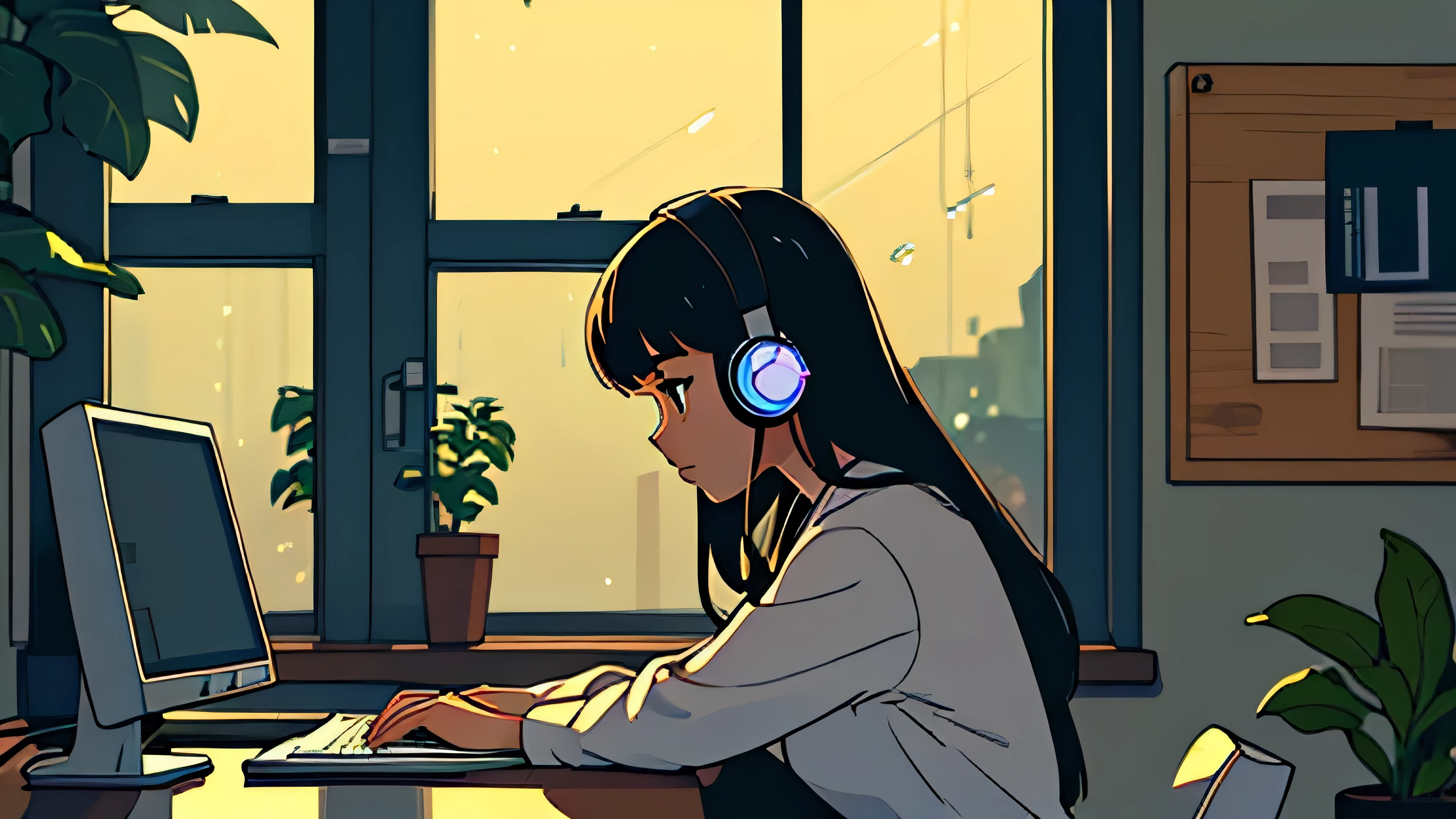 at rainy Night a handsome girl sitting at coin laundry studying with papers besides and listening to music with headphones and typing on her computer on her desk and plants at background Lo-fi A beautiful view in the large window Ocean Beach