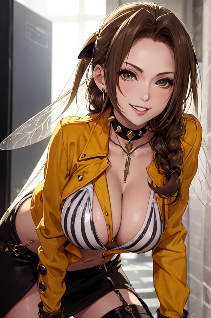 sfw, cartoon, aerith gainsborough reimagined as a horny girl in honeybee costume, (masterpiece, best quality), beautiful face, (22yr old, beautiful girl, solo:1.1),brown_hair,long_hair, pixiv, evil smile, sadistic, erotic lips, seductive eyes, drooping eyes, provocative expression, smirks, squint, enraptured, fascinated, scornful laughter, aroused, lovely, naughty face, half closed eyes, fearless smile, crazy smile,toned female, glamorous perfect female proportion, wide hips, extremely shiny, reflecting light, awesome metallic surface texture, cute, akiba, anime face, moe, yellow and black striped hair, wasp ornament, Yellow and black striped boots, wasp transparent wings, bee Transparent wings, wasp antennae, wasp printed, Honeycomb printed, poison needle, yellow and black striped fur, spike choker, earrings, best quality, amazing quality, very aesthetic,