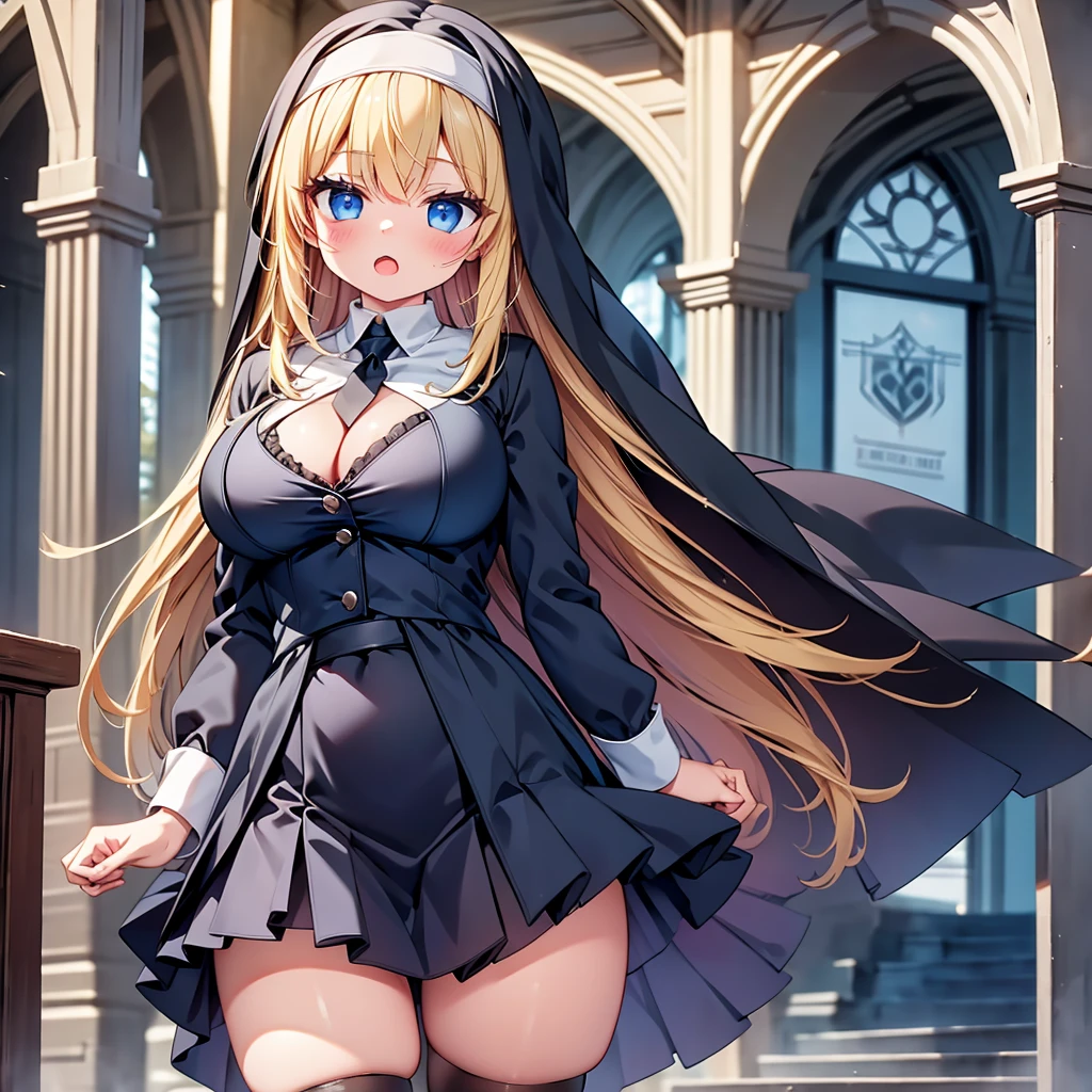 highest quality,wonderful,finely,extremely detailed CG Unity 8K wallpaper, (girl, very long hair, blonde, clothed), (nun :1.2), (midium breasts), (cleavage cutout), (open mouth:1.1), (long tongue:1.1), (mouth drool:1.1), (black stockings:1.1),(Thighs:1.2),(Waistline:1.2),(black blindfold), (black blindfold), (black blindfold),