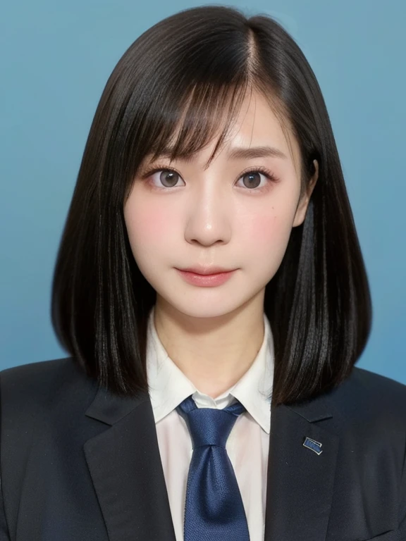 (kawaii 24 year-old Japanese girl, Nogizaka idol, Korean idol), (glossy black hair, medium bob, even and symmetric hair length:1.3), (pure black eyes, rounded face, single eyelid, no makeup, serious expression:1.2), (wearing suit jacket, collared shirt, necktie:1.3), (extra small breasts:0.9), (facing straight at camera:1.2), BREAK, (simple blue background, yearbook background:1.3), (portrait, id photo, upper body shot, view from straight forward:1.3), (keep enough top margin to avoid head cropping:1.3), BREAK, (masterpiece, best quality, photo realistic, official art:1.4), (UHD, 8K quality wallpaper, high resolution, raw photo, golden ratio:1.3), (shiny skin), professional lighting, physically based rendering, award winning, (highly detailed skin, extremely detailed face and eyes), Carl Zeiss 85 mm F/1.4, depth of field, 1girl, solo,