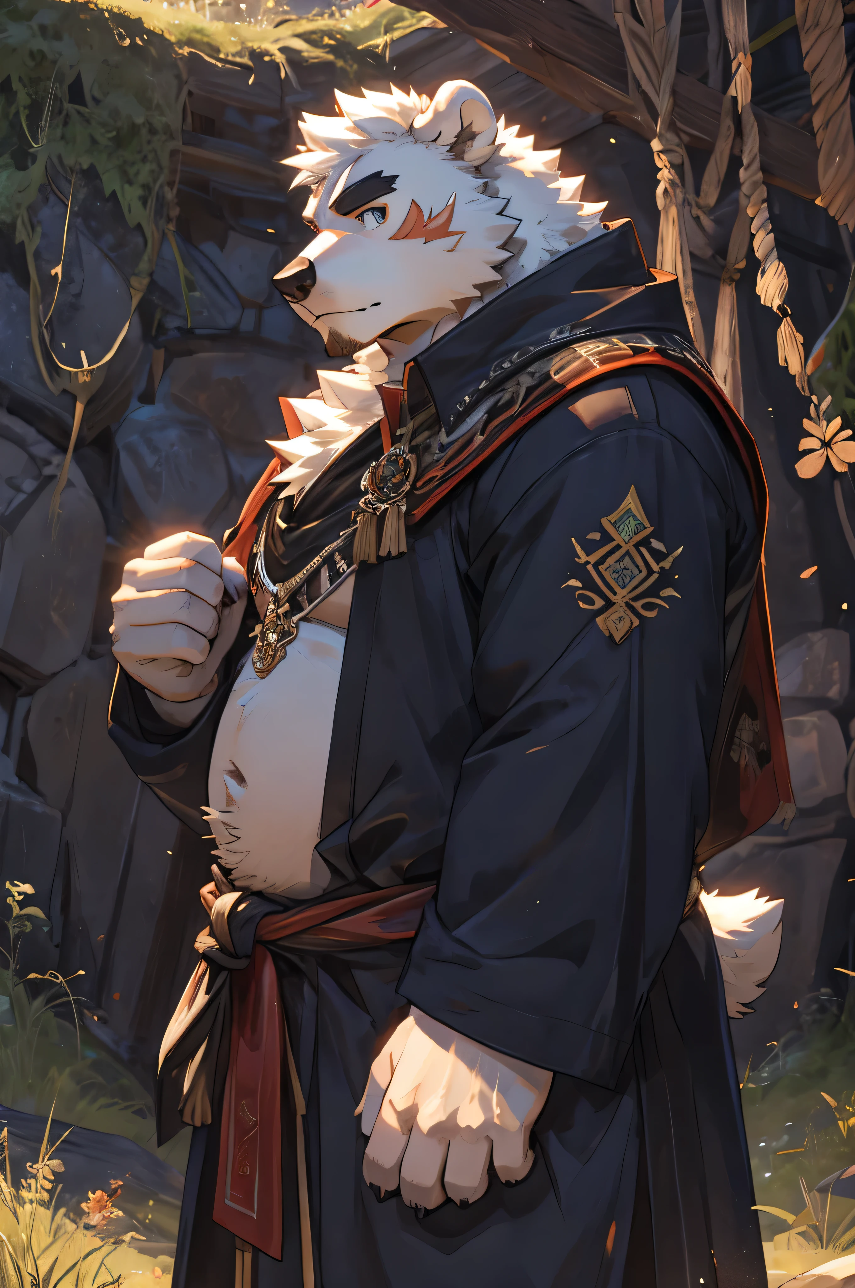 Solitary, masterpiece, best quality, Very detailed, Fine details, 8k resolution, hairy,Polar Bear,male,White fur,All over white,Lovely,Sell cute,fat,肥fat,Round face,Round belly,Bear ears,Adventurer dress-up,Thick eyebrows,20 years old,Holding a long sword,grassland,masterpiece scenario,Highest quality scene,Detailed facial depiction,Blue pupils,Genshin Impact,Anime screenshots,
