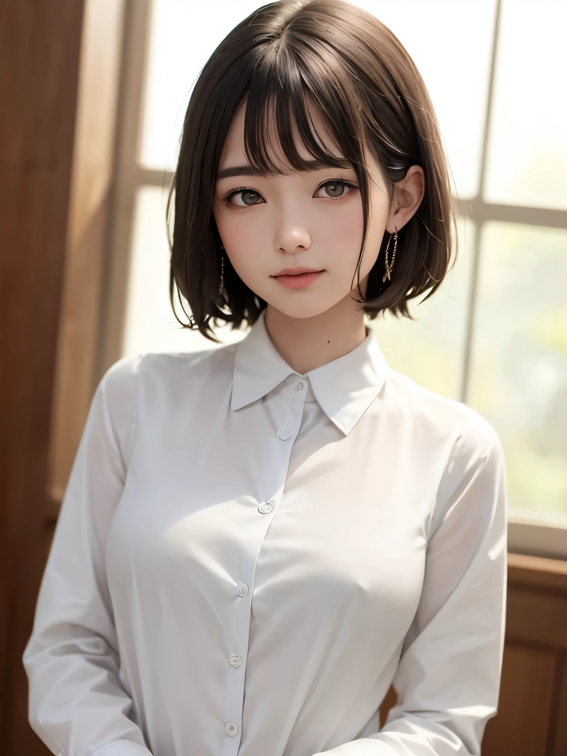 (8k、highest quality、masterpiece:1.8、bangsのあるショートボブヘア:1.8)、(Genuine、Genuineistic:1.5)、Very detailed、1 girl、28 years old、cute、alone、Sitting、 (Beautiful symmetrical face、Beautiful face with golden ratio、smile:1.15、Beautiful light brown eyeouth closed)、big chest、Looking into the camera、Looking into the camerachest元、Beautiful and beautiful eyes、big, Round eyes、Transparent double eyelids、eyelash、lips、(White shirt:1.6)、(short hair:1.2)、Very black hair:2、bangs、Light brown eyes、Beautiful long neck、smile、shut up.、cute face、Genuineistic skin types、Genuineの質感、Unbutton、淡いピンクのlips、There's Genuinely no background、Genuinely pure white background、28 years old,Natural light、上lipsが厚くない、Hands are lowered、(({Huge|big|Hugeな|Mega} chest:2, chestの谷間:2、A very beautiful and charming adult woman:1.5、Beautiful neckline))
