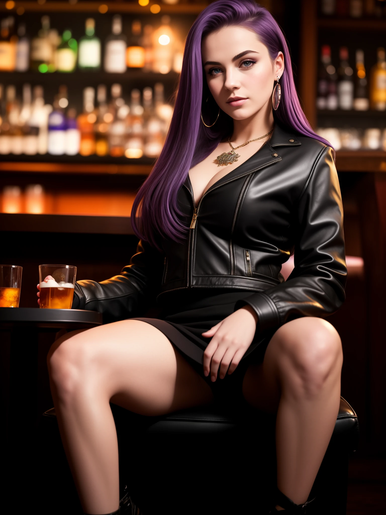 (best quality:1.1), (Masterpiece:1.2), High quality shadow, beautiful details, Beautiful face, Detailed eyes, depth of field, high resolution, best shadow, best light, 1 girl, see the audience, shiny purple hair, smooth, blunt, long hair, ruby pink eyes, shy, Very big breasts, pump, Single strap shirt, black leather jacket, black leather skirt, table, glass, liquor bottle, night time, rift, eyes, pub bar background, sexy woman, cold, pov, Cool Woman ,ear jewelry, cross-legged sitting, sofa