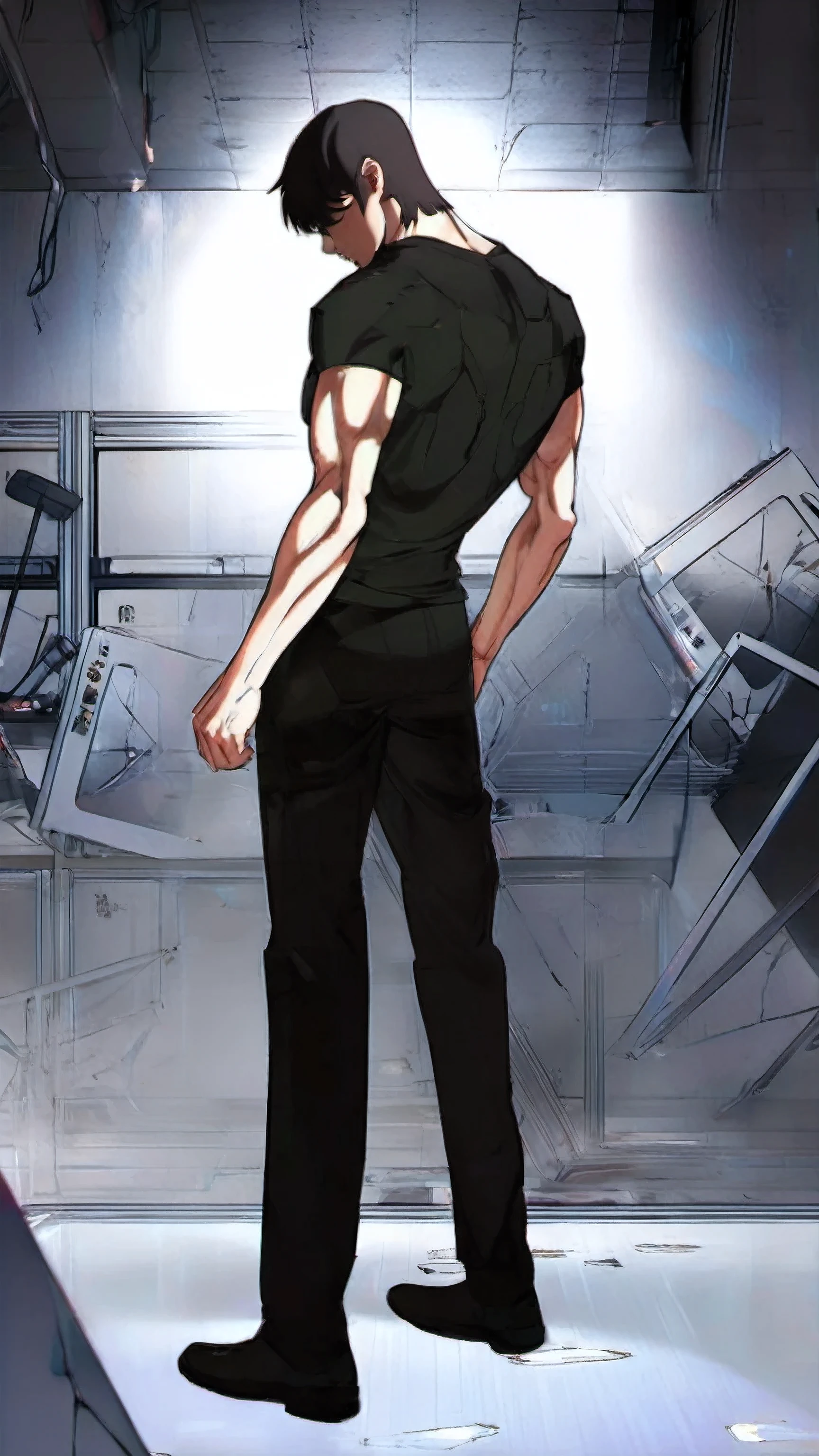 anime man in black shirt and black pants standing in a room, camera pov from behind his back, handsome anime pose, muscular! cyberpunk, baki style, muscular character, powerful stance, will smith anime style, cell shaded adult animation, full character body, skinny male fantasy scientist, muscular!! sci-fi, elongated arms, mirrors edge art style