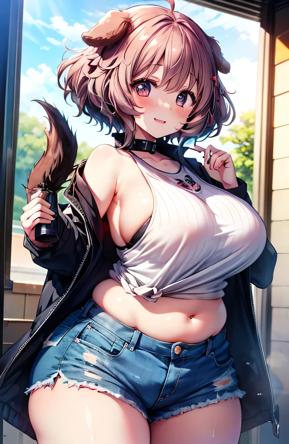 Anime illustration、highest quality、A short and plump high school girl、first round、Sporty tube top、hot pants、Dog park、Perfect proportions、overwhelmingly big breasts、Beautiful, shining eyes、Blushed、smile、Cowboy Shot、Dangerous Beast