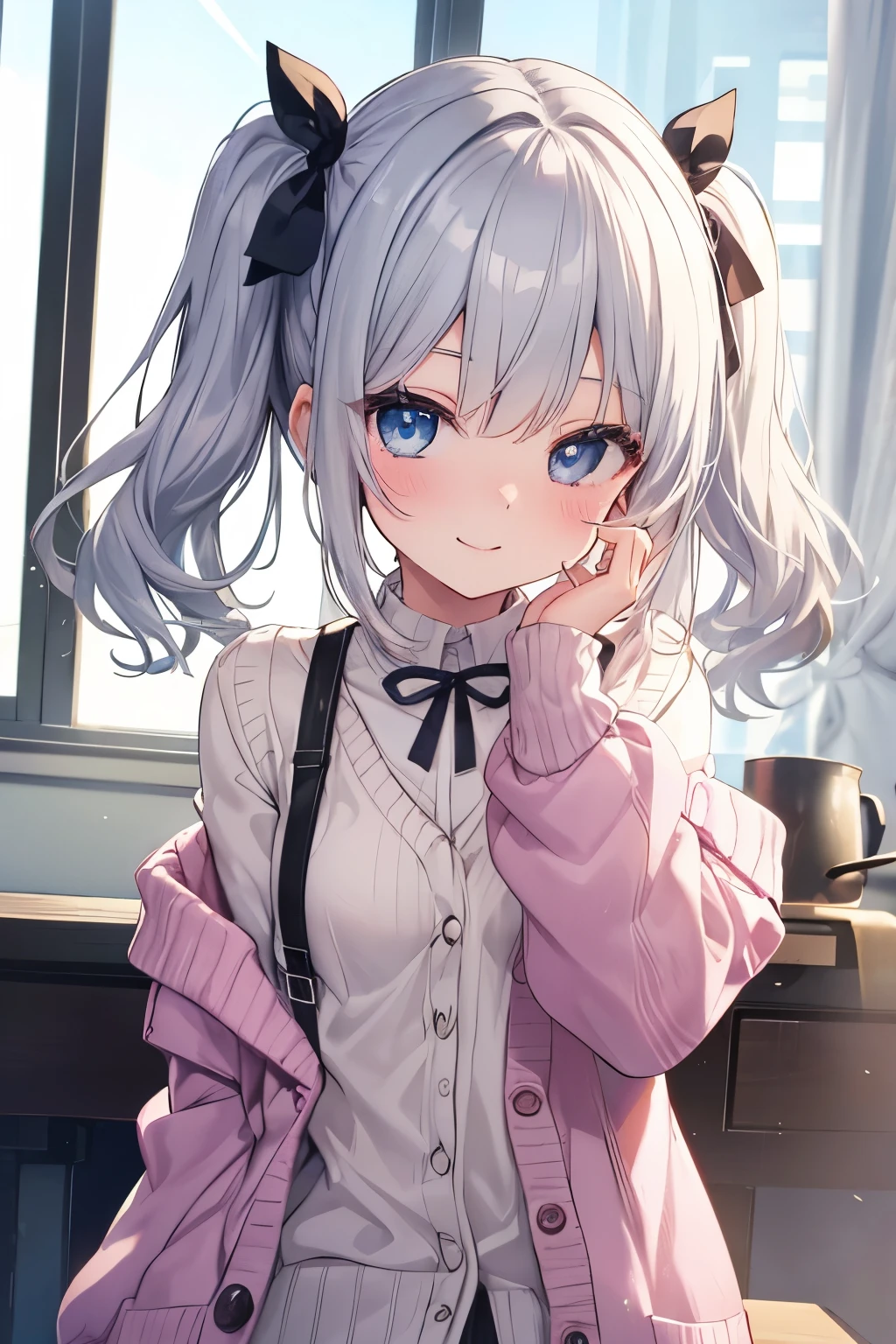 Silver-haired blue eyes、 girl、Small breasts、Twin tails、Laughter、Nico Nico Smile、wearing a knit cardigan、Wink、 girl、Looks about 、Petan Musume、short、Wearing cute short-sleeved clothes