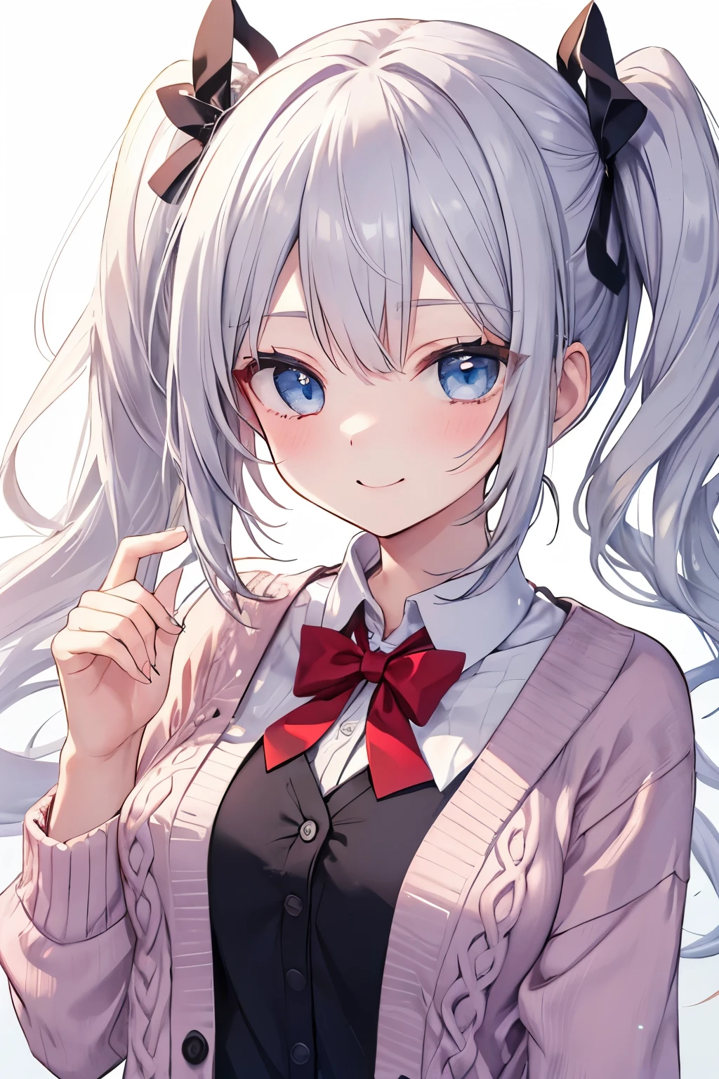 Silver-haired blue eyes、 girl、Small breasts、Twin tails、Laughter、Nico Nico Smile、wearing a knit cardigan、Wink、 girl、Looks about 、Petan Musume、short、Wearing cute short-sleeved clothes