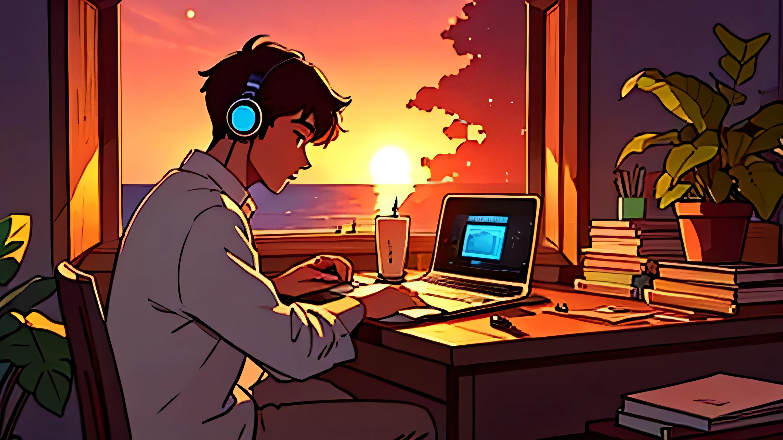 at Night a handsoome boy sitting at his desk studying with papers besides and listening to music with headphones and typing on his computer on his desk with a cup of cocoa inside and beautiful lit candle on his desk and plants at background Lo-fi A beautiful sunset in the large window　Ocean　Beach