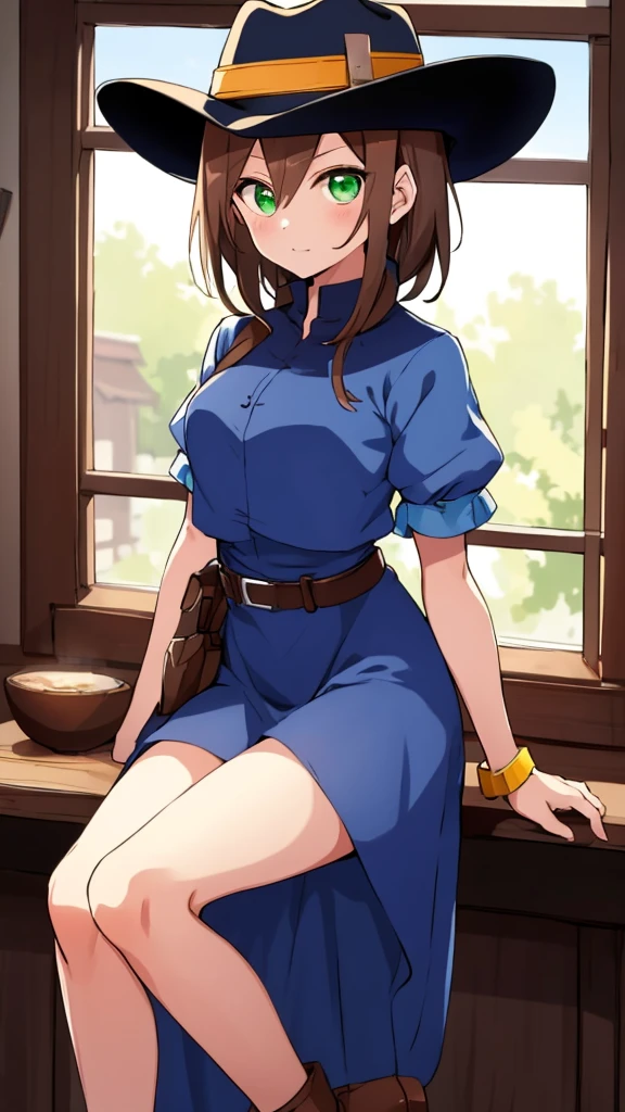 Aile_megamanzxa, 1 girl, looking at viewer, sitting on a stool, cowboy dress, cowboy hat,Brown hair, green eyes, watch on right arm