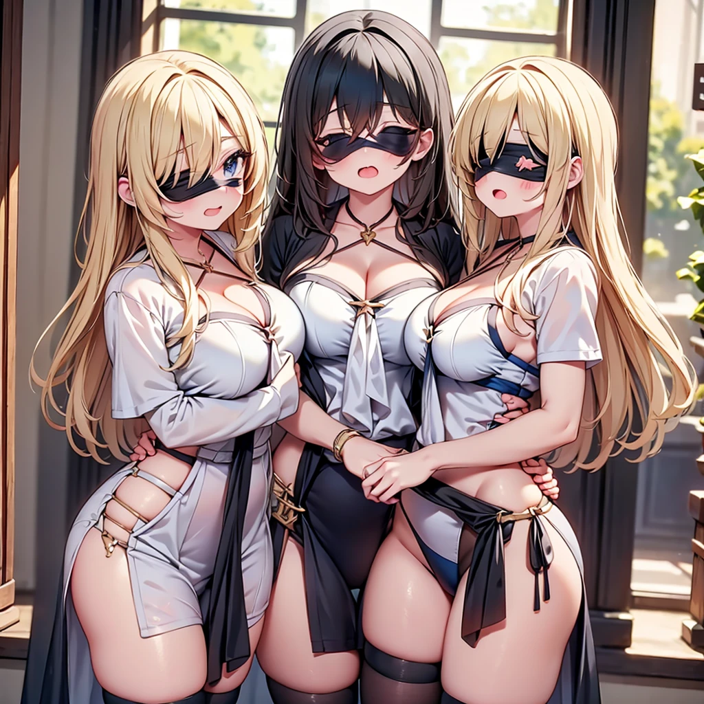 highest quality,wonderful,finely,extremely detailed CG Unity 8K wallpaper, (Stand in line:1.2), (3 girls, clothed), (cleavage cutout), (open mouth:1.1), (long tongue:1.1), (mouth drool:1.1), (black stockings:1.1),(Thighs:1.3),(Waistline:1.3),(black blindfold, blindfold:1.5)