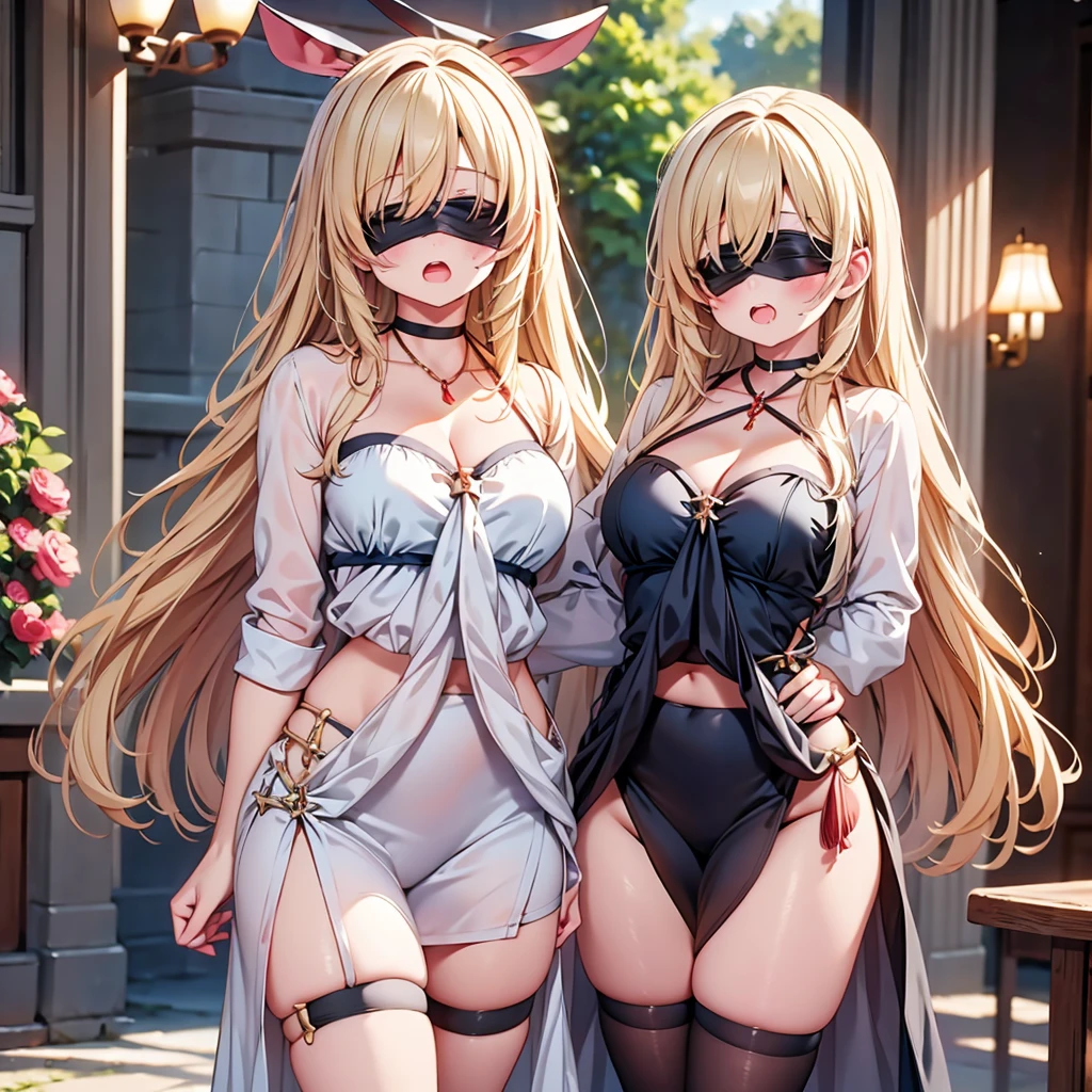 highest quality,wonderful,finely,extremely detailed CG Unity 8K wallpaper, (Stand in line:1.2), (3 girls, clothed), (cleavage cutout), (open mouth:1.1), (long tongue:1.1), (mouth drool:1.1), (black stockings:1.1),(Thighs:1.3),(Waistline:1.3),(black blindfold, blindfold:1.5)