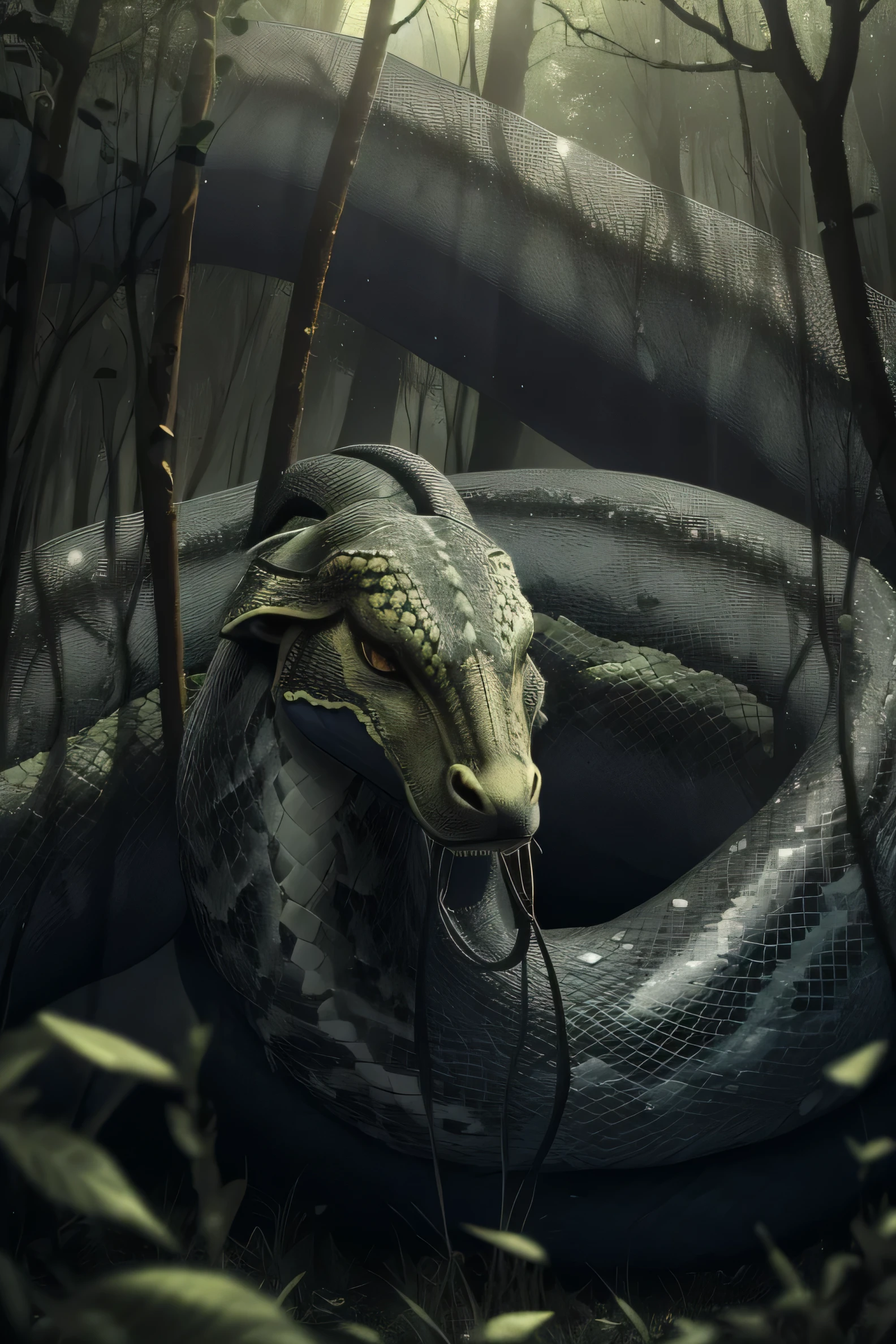 (Absurdres, Intricate Details, Masterpiece, Best Quality, High Resolution, 8k), animal, animal in the forest, giant animal, candid, animal, giant snake, snake with wing, snake flying, super huge snake, super long snake, forest in background, scary atmosphere, Depth of Field, VFX.
