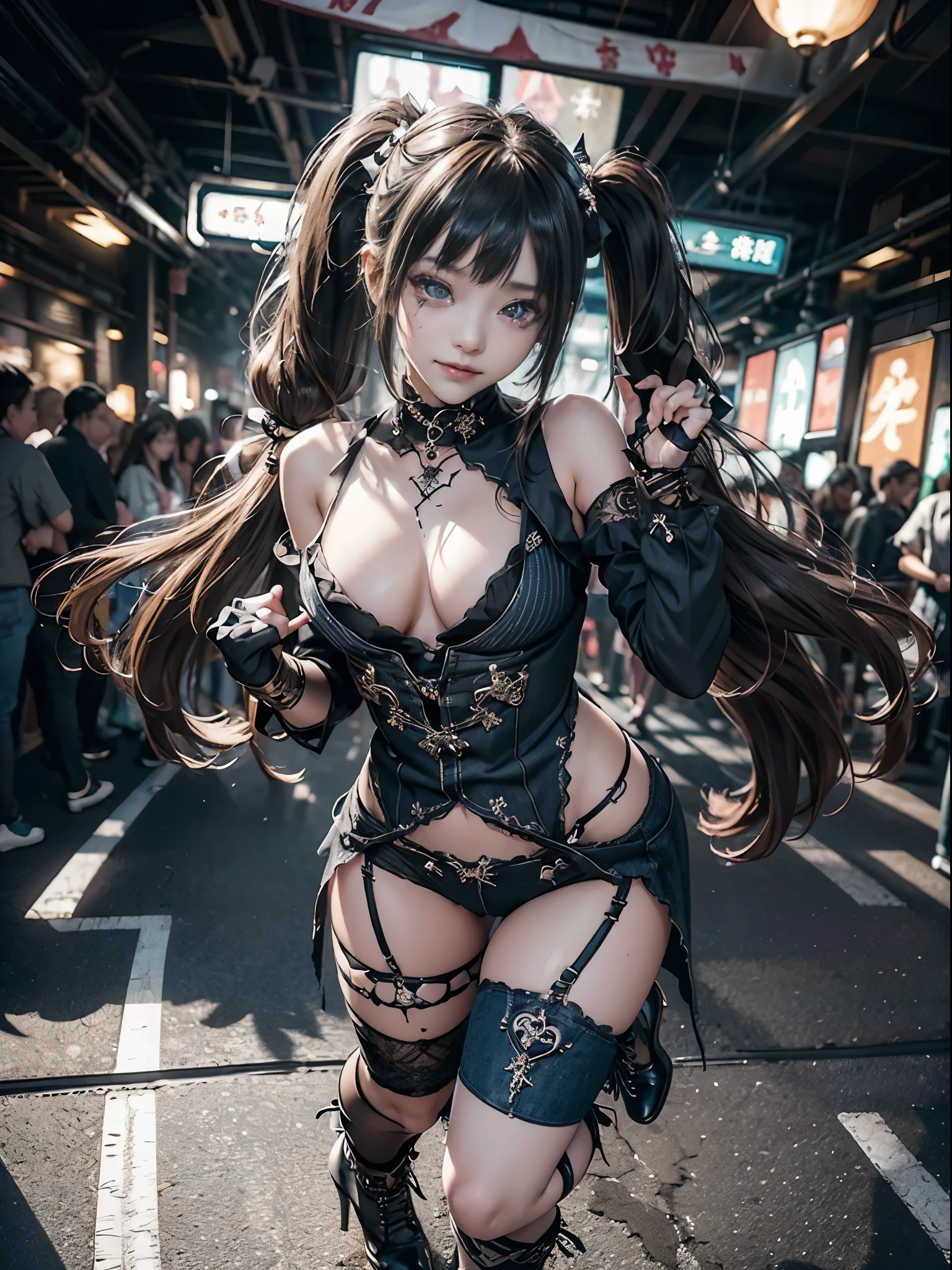 ((Full Body View:1.5))、(Full body:1.3)、(Smiling with teeth showing:1.3),(Shibuya Gal:1.5)、(Gothic ta Punk Rock :1.3)、(Goth Fashion:1.4)、(Neo-Goth Costume:1.3)、(Dark fantasy style:1.4)、(きめの細かいデニムのdress:1.3)、(Dressed in denim and white detailed Rash Guard:1.5)、(Lace collar and sleeves:1.1)、(Denim knee socks:1.3)、(Heart symbol decoration:1.Unclock Fashion Gloves:1.4)、(Gorgeous hair ornament:1.4)、(Belt with heart mark)、(Denim high heels)、(The underwear is striped:1.4)、(24-years-old)、((highest quality、8K、masterpiece:1.3))、Slim and beautiful abs:1.3、(hairstyle casual、Huge boobs:1.1)、dress:1.1、Super small face、Narrow eyes、double eyelid、A sloppy smile、Esbian all over、Dynamic Angle、Close-up、CPL Filter、Blurred Background、Bokeh、Blue Hour、Detailed face and skin texture、Detailed eyes、,(Twin tails:1.3)、(Brown-golden hair:1.3)、Gravure idol、(The background is a glamorous Nordic disco hall:1.3)、(Make your legs thinner:1.4)、(Slim body:1.3)、(clavicle:1.1)