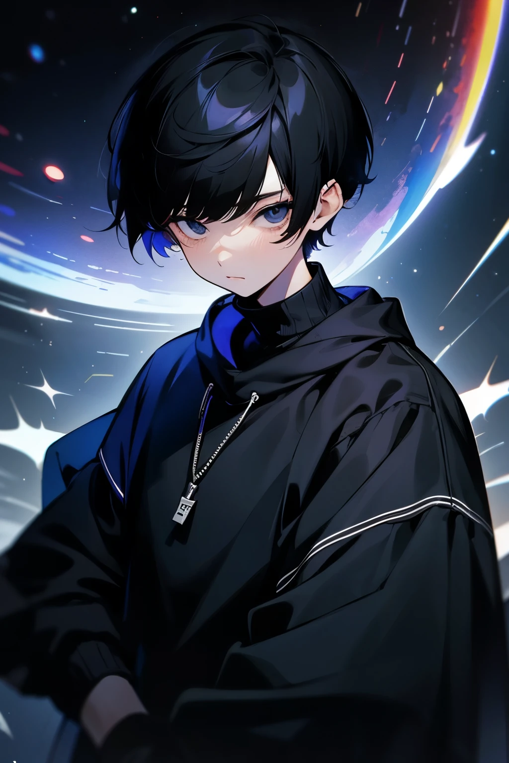 Black Hair,short hair,youth,Deep black eyes,Black sweatshirt,universe