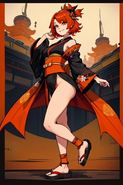 female, red short hair with yellow highlights, orange eyes, (((1girl))), (((black traditional kimono with orange trim))), (traditional sandals), cute and sexy, large breasts, large butt, full body, long legs, smiling