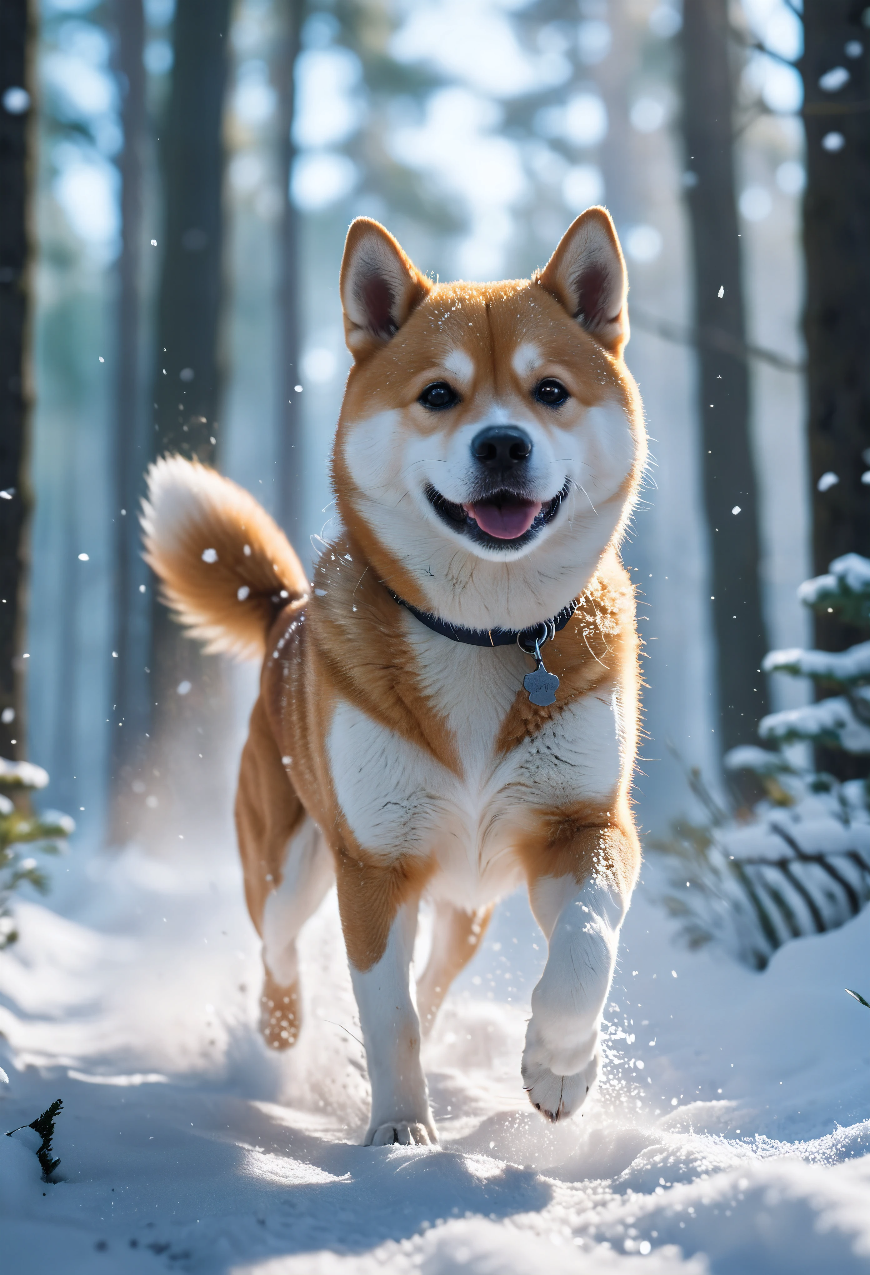 ((Masterpiece in maximum 16K resolution):1.6),((soft_color_photograpy:)1.5), ((Ultra-Detailed):1.4),((Movie-like still images and dynamic angles):1.3). | (Macro shot cinematic photo of a Shiba Inu running through a snowy forest), ((Cute japanese dog):1.2), ((a dog running):1.1), (A clear sky), (macro lens), (Happy atmosphere), (shimmer), (visual experience),(Realism), (Realistic),award-winning graphics, film grain, extremely detailed, Digital Art, rtx, Unreal Engine, scene concept anti glare effect, All captured with sharp focus. | Rendered in ultra-high definition with UHD and retina quality, this masterpiece ensures anatomical correctness and textured skin with super detail. With a focus on high quality and accuracy, this award-winning portrayal captures every nuance in stunning 16k resolution, immersing viewers in its lifelike depiction. | ((perfect_composition, perfect_design, perfect_layout, perfect_detail, ultra_detailed)), ((enhance_all, fix_everything)), More Detail, Enhance.