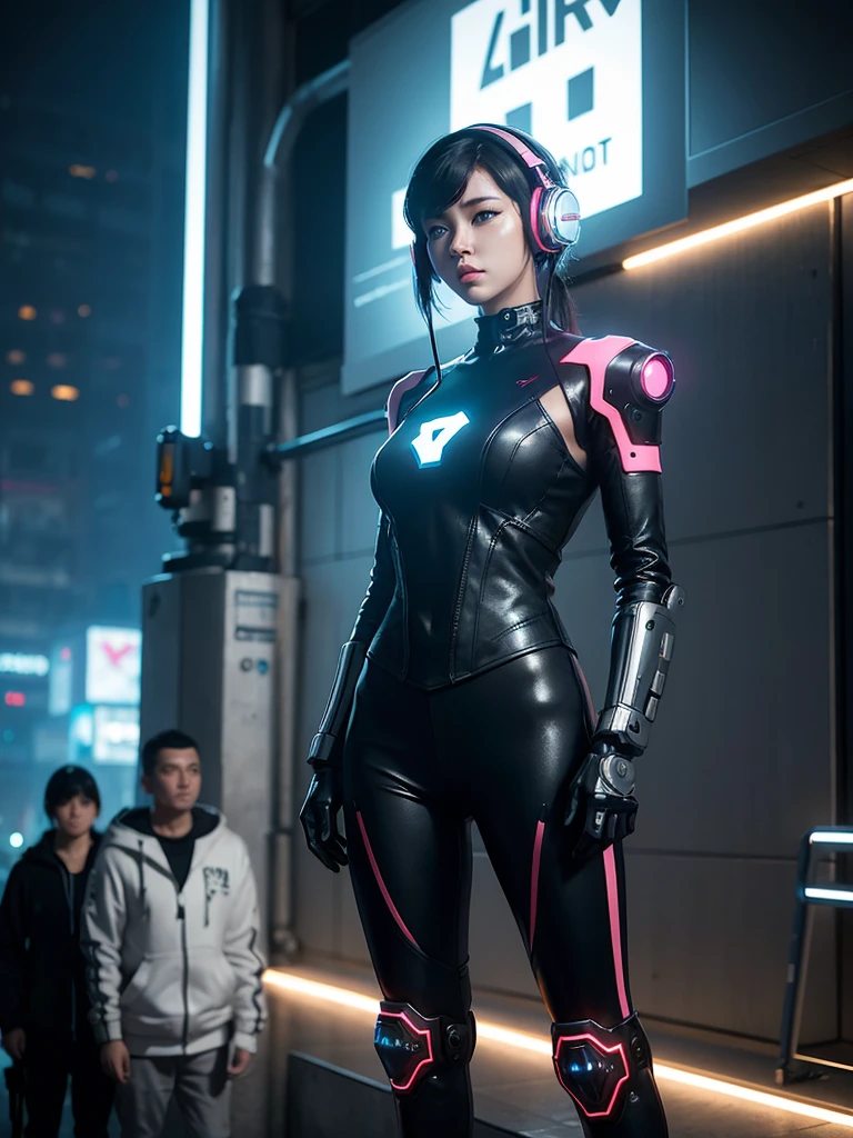 a woman with headphones standing next to a robot, cyberpunk art by Jason A. Engle, cgsociety, retrofuturism, ilya kuvshinov, sci-fi, futuristic, vibrant, photorealistic, realistic, dramatic, cinematic lighting, sharp focus, 8k