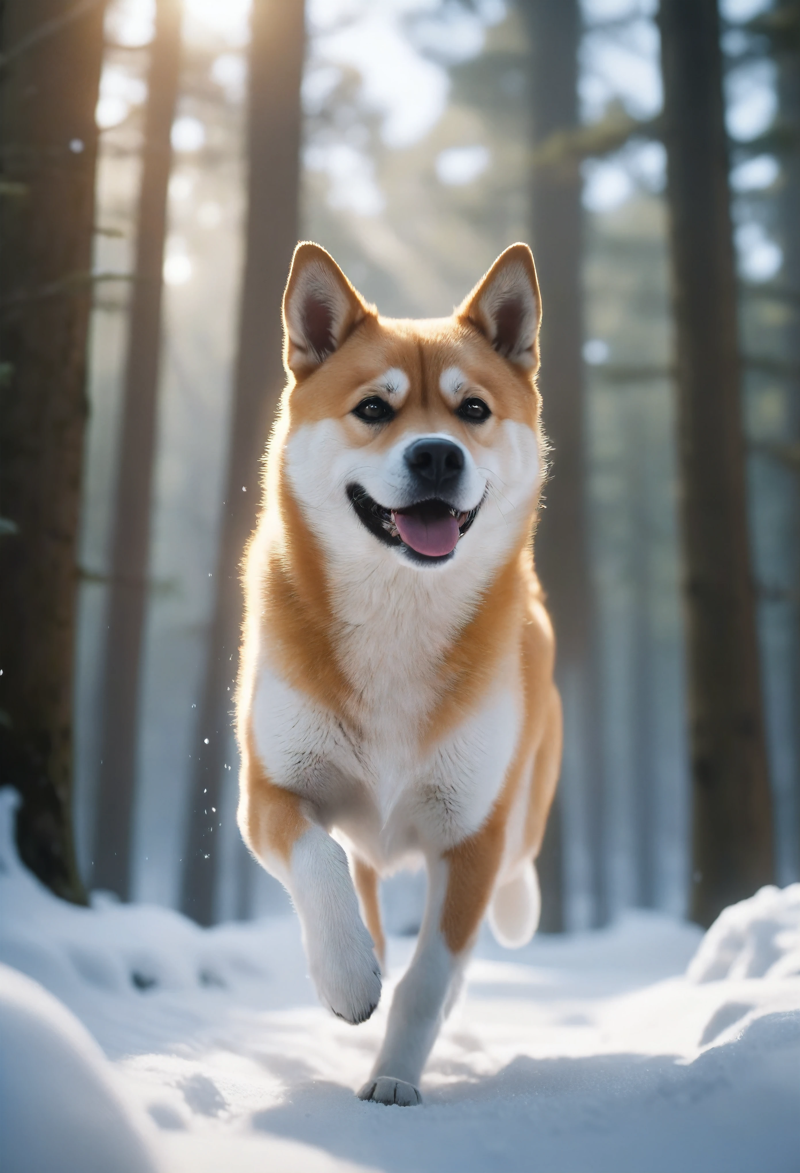 ((Masterpiece in maximum 16K resolution):1.6),((soft_color_photograpy:)1.5), ((Ultra-Detailed):1.4),((Movie-like still images and dynamic angles):1.3). | (Macro shot cinematic photo of a Shiba Inu running through a snowy forest), ((Cute japanese dog):1.2), ((a dog running):1.1), (A clear sky), (macro lens), (Happy atmosphere), (shimmer), (visual experience),(Realism), (Realistic),award-winning graphics, film grain, extremely detailed, Digital Art, rtx, Unreal Engine, scene concept anti glare effect, All captured with sharp focus. | Rendered in ultra-high definition with UHD and retina quality, this masterpiece ensures anatomical correctness and textured skin with super detail. With a focus on high quality and accuracy, this award-winning portrayal captures every nuance in stunning 16k resolution, immersing viewers in its lifelike depiction. | ((perfect_composition, perfect_design, perfect_layout, perfect_detail, ultra_detailed)), ((enhance_all, fix_everything)), More Detail, Enhance.