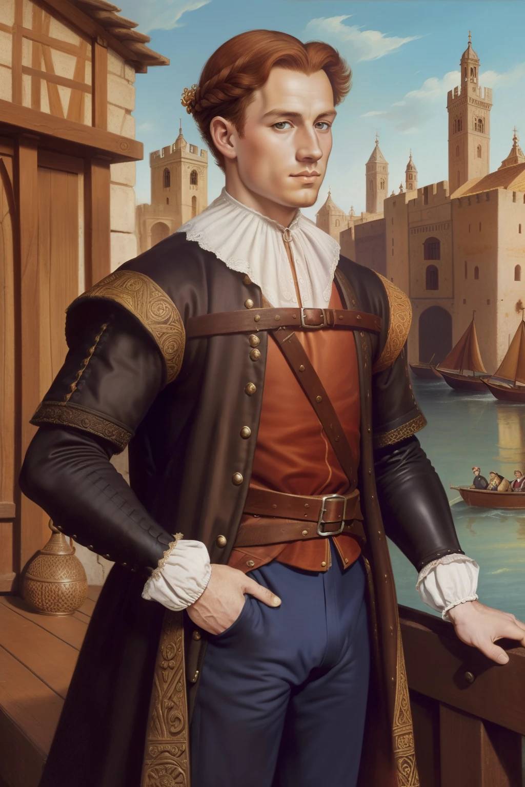 Seville, 1558. A young ((((20-year-old)) Barney Willard)), brave, handsome, stalwart, well-groomed, in a dock, ((((clothings from the 1550s)))), ((ginger hairstyle of the 1550s)), colorful