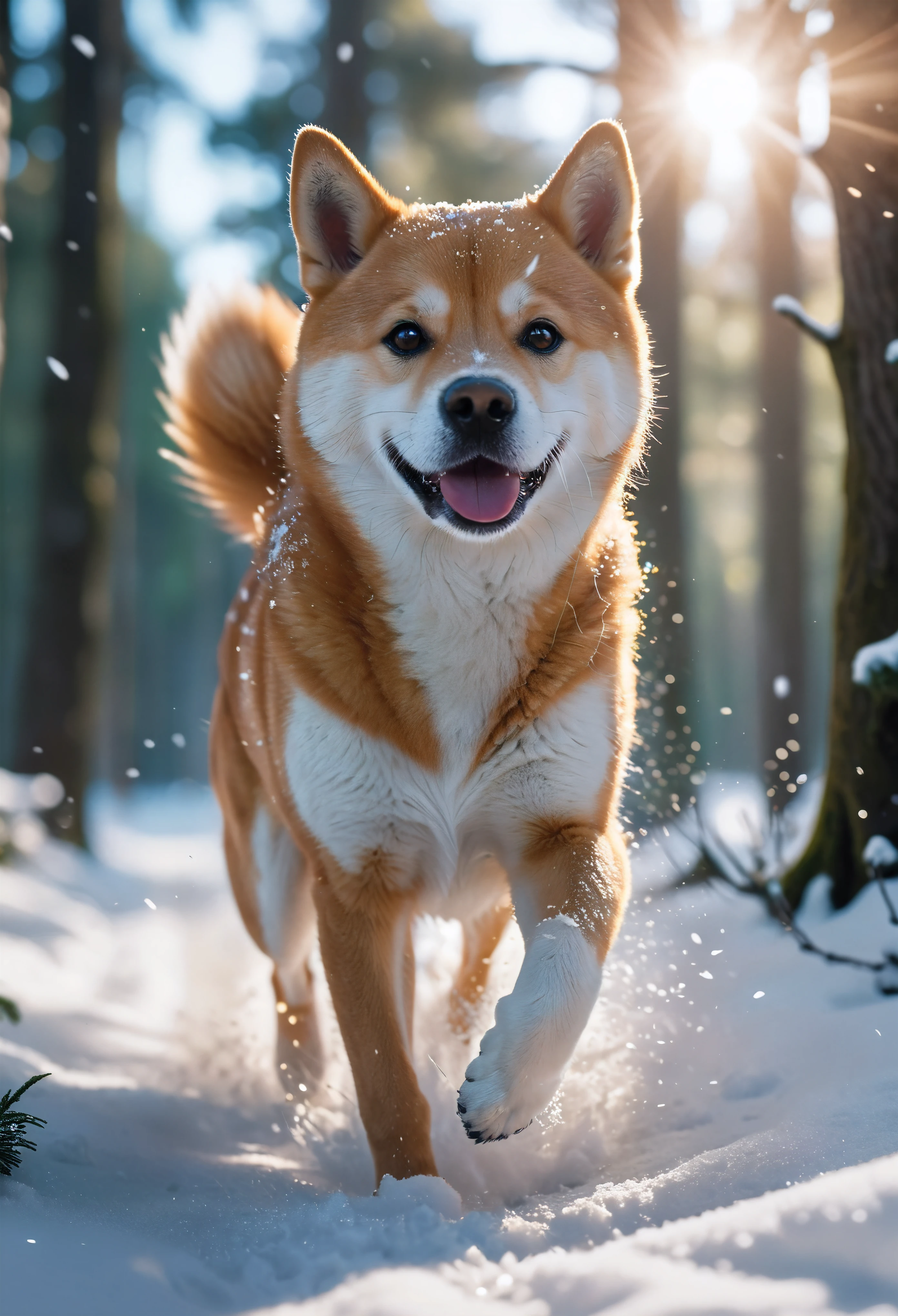 ((Masterpiece in maximum 16K resolution):1.6),((soft_color_photograpy:)1.5), ((Ultra-Detailed):1.4),((Movie-like still images and dynamic angles):1.3). | (Macro shot cinematic photo of a Shiba Inu running through a snowy forest), ((Cute japanese dog):1.2), ((a dog running):1.1), (A clear sky), (macro lens), (Happy atmosphere), (shimmer), (visual experience),(Realism), (Realistic),award-winning graphics, film grain, extremely detailed, Digital Art, rtx, Unreal Engine, scene concept anti glare effect, All captured with sharp focus. | Rendered in ultra-high definition with UHD and retina quality, this masterpiece ensures anatomical correctness and textured skin with super detail. With a focus on high quality and accuracy, this award-winning portrayal captures every nuance in stunning 16k resolution, immersing viewers in its lifelike depiction. | ((perfect_composition, perfect_design, perfect_layout, perfect_detail, ultra_detailed)), ((enhance_all, fix_everything)), More Detail, Enhance.