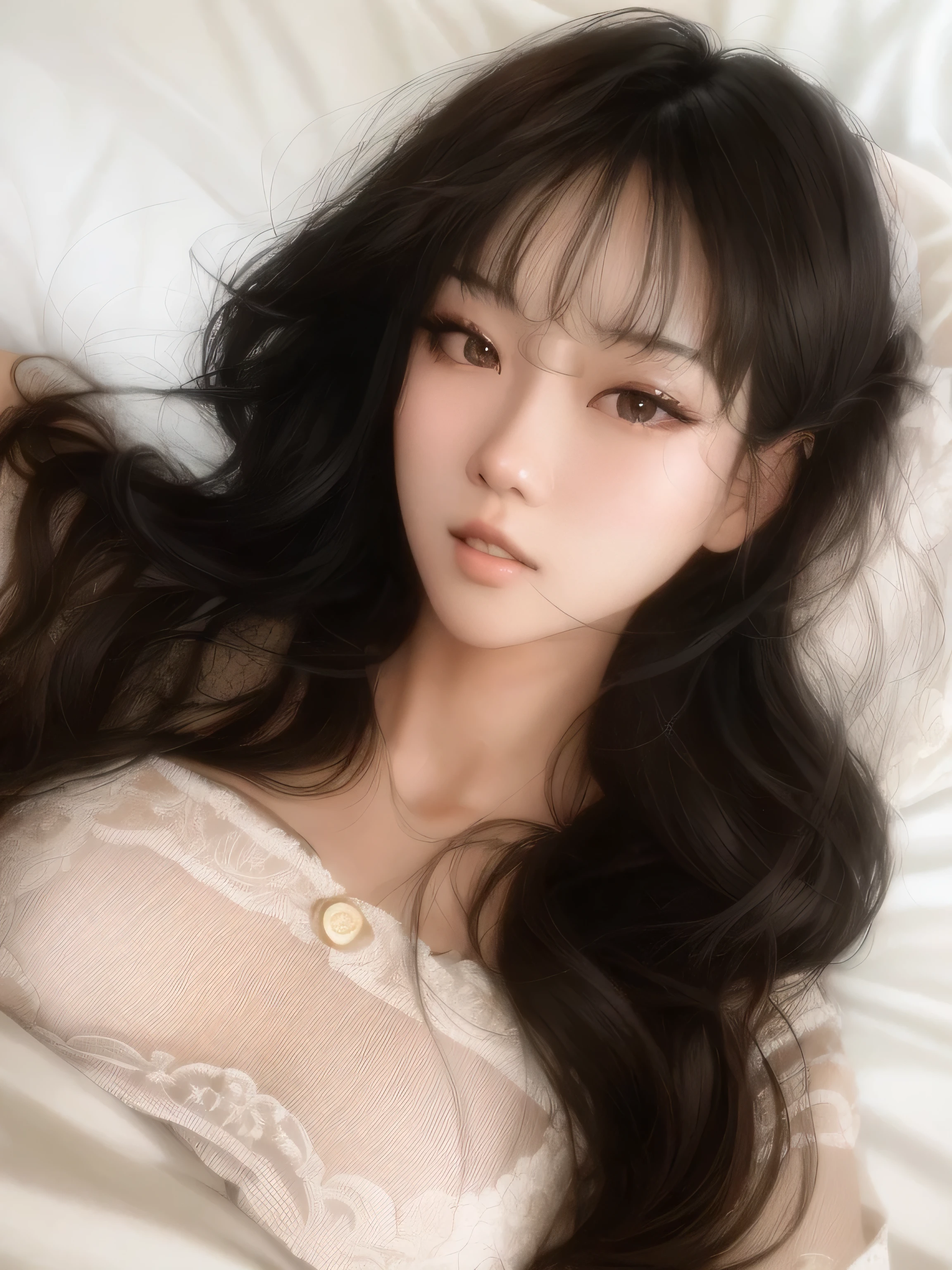 Asian woman Araffi lying on bed with long dark hair, ulzzang, korean girl, young adorable Korean face, beautiful Korean girl, beautiful Korean girl, beautiful south korean woman, young cute wan asian face, wan adorable korean face, girl cute-fine-face, lalisa manobal, jinyoung shin, popular south Korean makeup, lovely delicate face