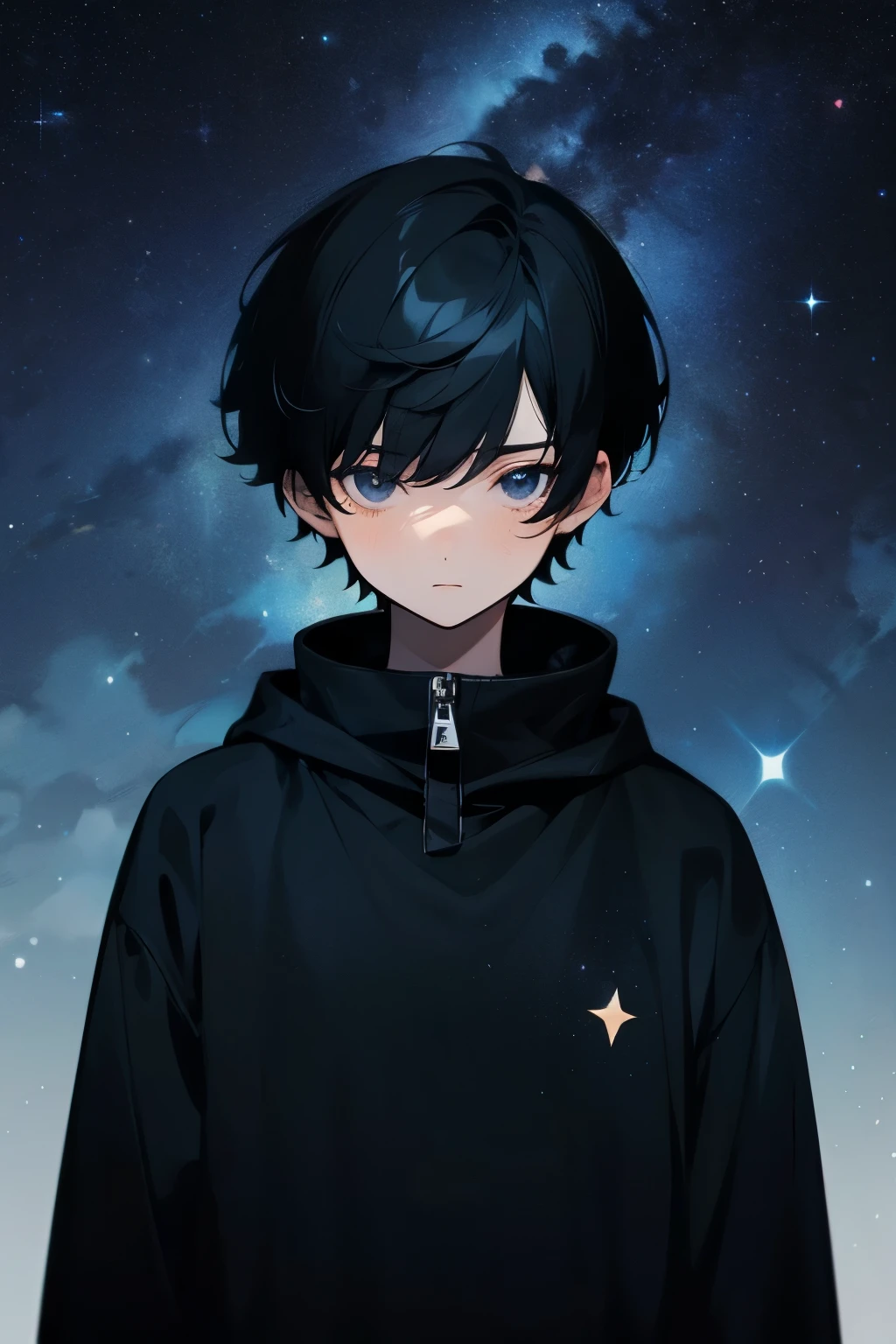 Black Hair,short hair,youth,Deep black eyes,Black sweatshirt,Starry Sky