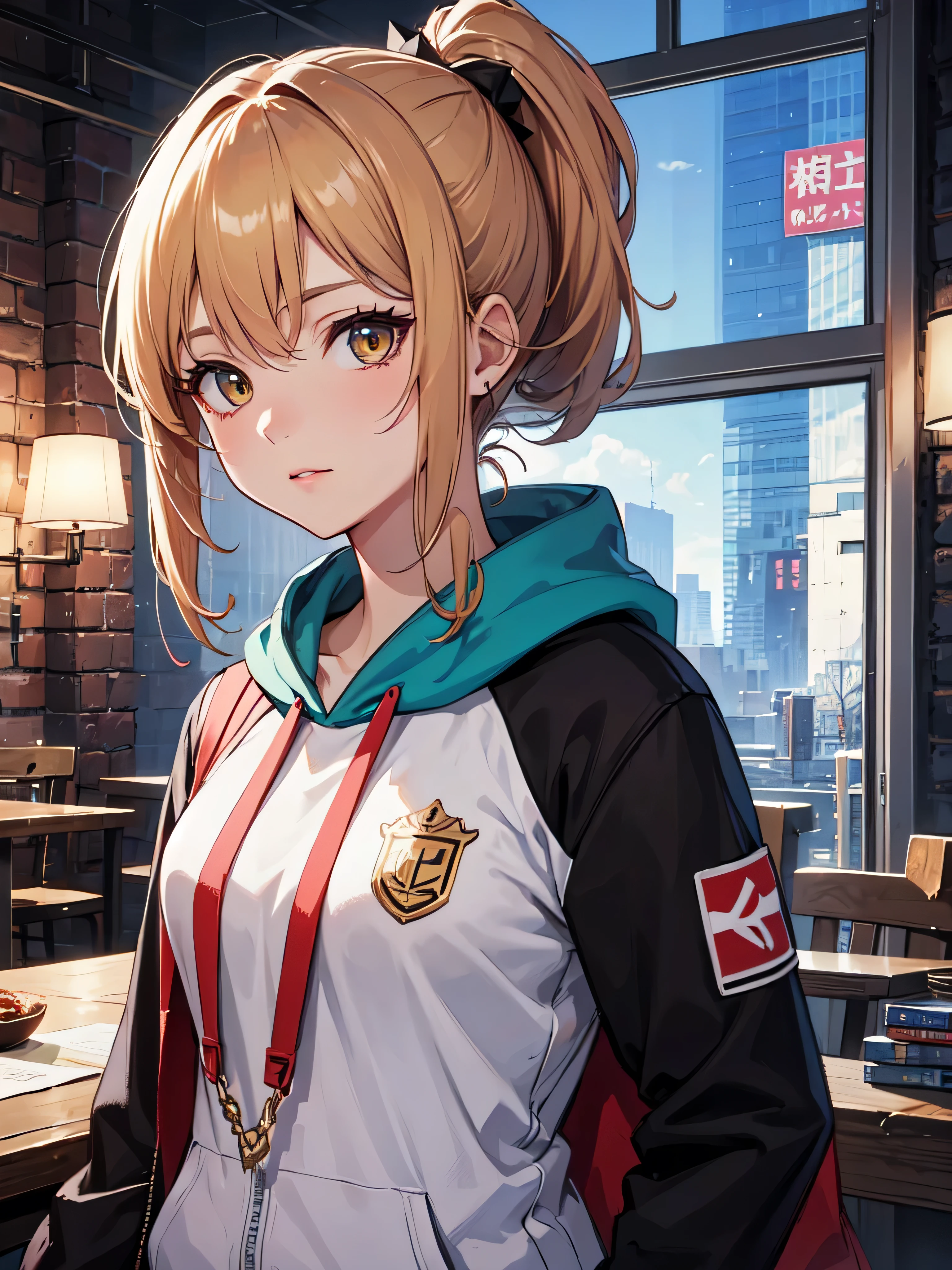 (highest quality, Tabletop:1.2), 1 girl, , alone, Yellow Hair,Beautiful eyes in every detail,(Idol Uniform),Upper body,ear, Side Ponytail, Soft Pink Hoodie, Chestnut brown eyes,