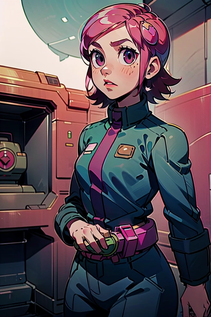 Mayl Sakurai reimagined as a vault dweller in vault doing maintenance, pipboy, pink hair, 26year old,