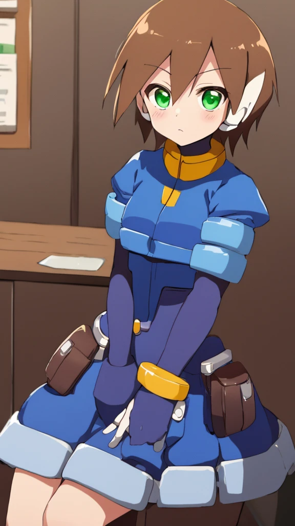 Aile_megamanzx, 1 girl, looking at viewer, sitting on a stool, cowboy dress, cowboy hat,Brown hair, green eyes, watch on right arm