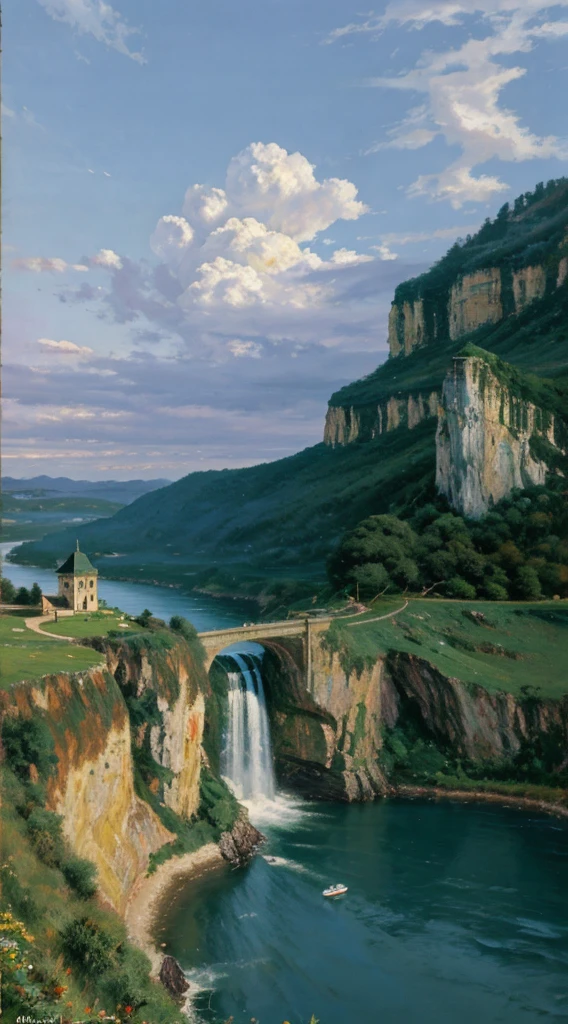 Masterpiece, ultimate quality, Cg unity 8k wallpaper, super delicate, beautiful sky and clouds, rich natural scenery, cliffs, lakes and rivers, waterfalls and flying water, beautiful green mountains, no trace of people, excellent scenery, has already won a photo contest, background Blurring, full depth of field, HDR high dynamics, true restoration, intricate, extreme details, dramatic presentation, perfectly presenting the style of midjourney art.