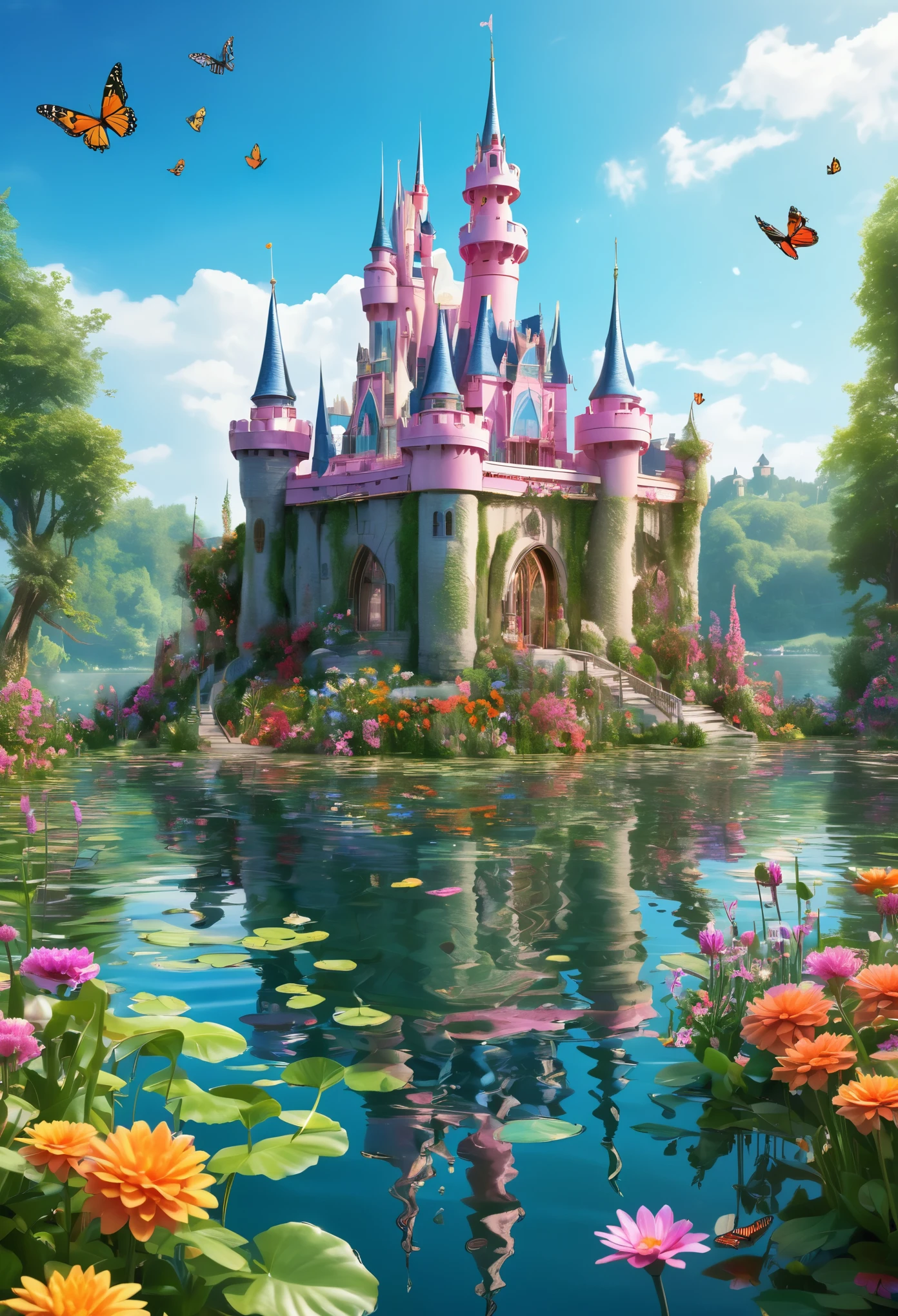 A princess castle, in the middle of a lake and it suroynded by tons of plants, flowers, and butterflies