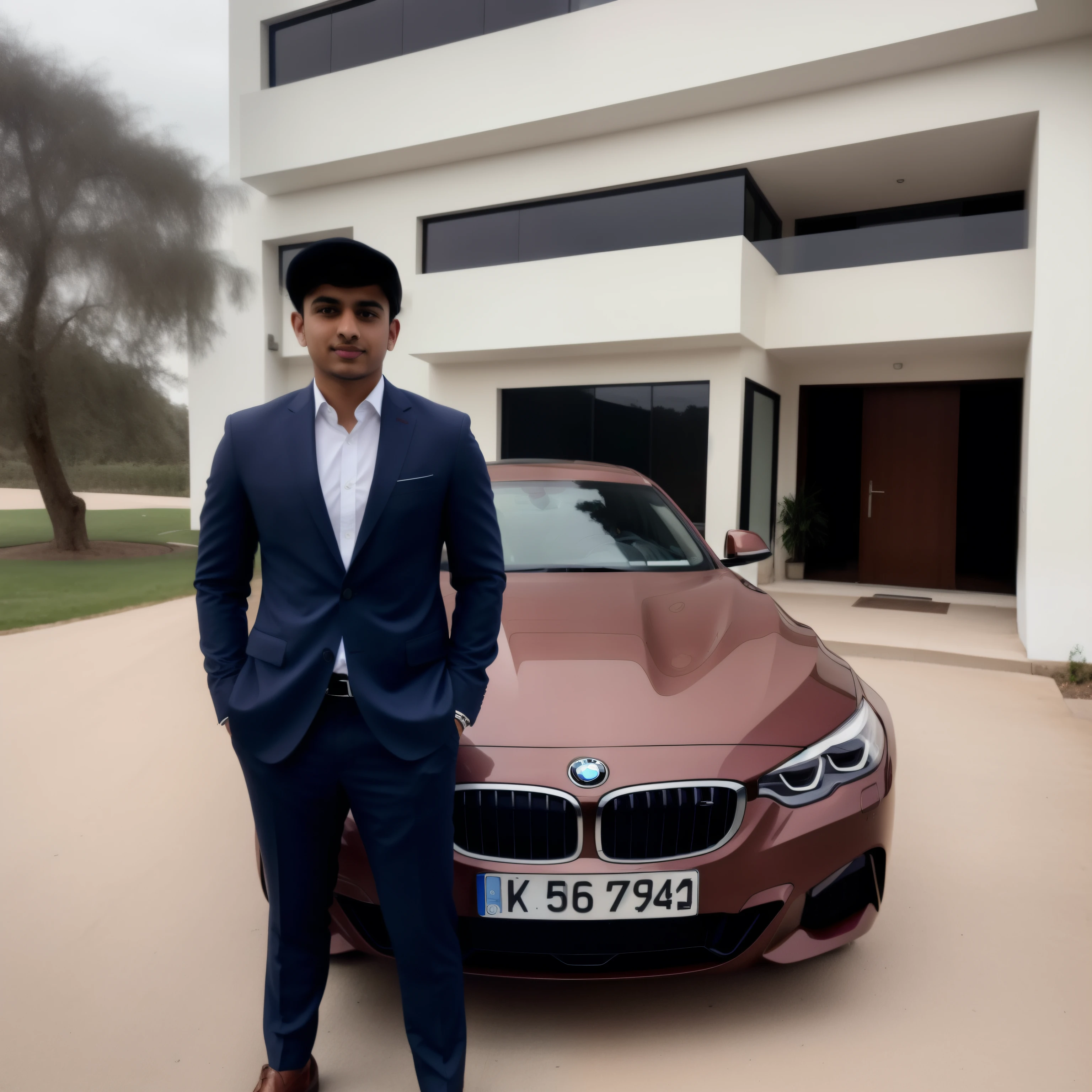 "Develop an authentic, real image of a brown young man in a suit and a cap, confidently standing in front of his BMW outside his house with a Chandigarh number plate. The focus needs to be on capturing clear, highly detailed facial features, as well as the distinct attributes of the BMW, emphasizing the exact and accurate representation of all visible details. Ensure the resulting image is a genuine photograph that realistically portrays the man, his attire, and the specific details of the BMW and its surroundings, guaranteeing an authentic and true-to-life representation."
