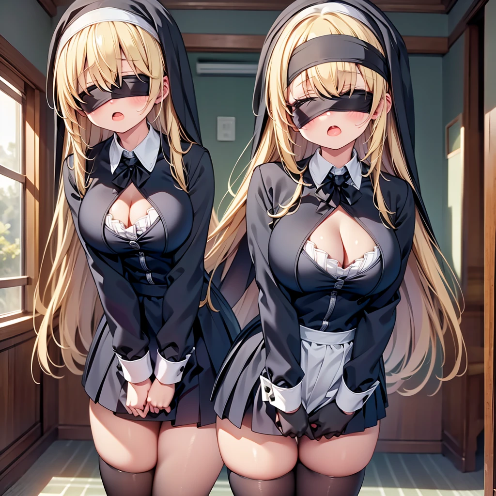 highest quality,wonderful,finely,extremely detailed CG Unity 8K wallpaper, (girl, very long hair, blonde, clothed), (nun :1.2), (midium breasts), (cleavage cutout), (open mouth:1.1), (long tongue:1.1), (mouth drool:1.1), (black stockings:1.1),(Thighs:1.2),(Waistline:1.2),(black blindfold, blindfold:1.5)