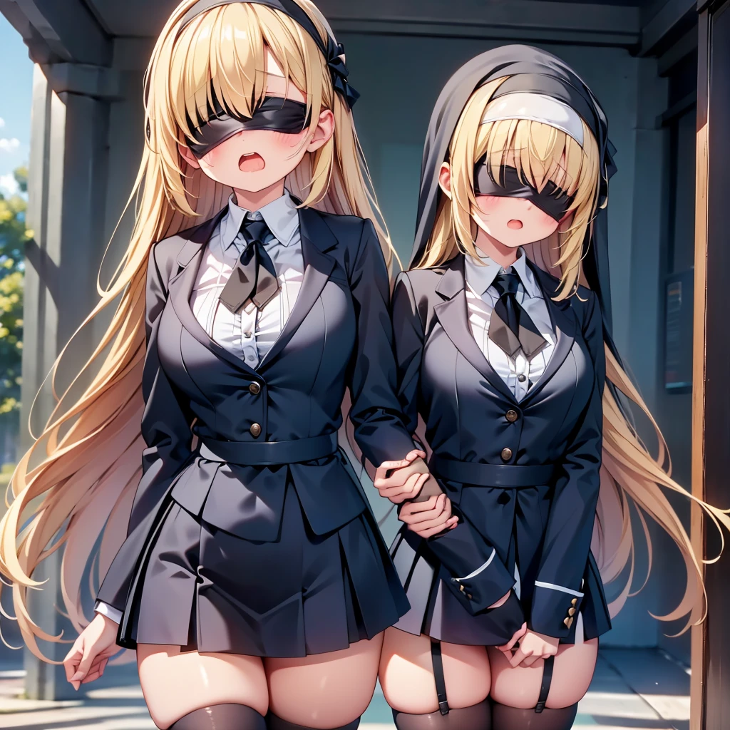 highest quality,wonderful,finely,extremely detailed CG Unity 8K wallpaper, (girl, very long hair, blonde, clothed), (nun :1.2), (midium breasts), (cleavage cutout), (open mouth:1.1), (long tongue:1.1), (mouth drool:1.1), (black stockings:1.1),(Thighs:1.2),(Waistline:1.2),(black blindfold, blindfold:1.5)