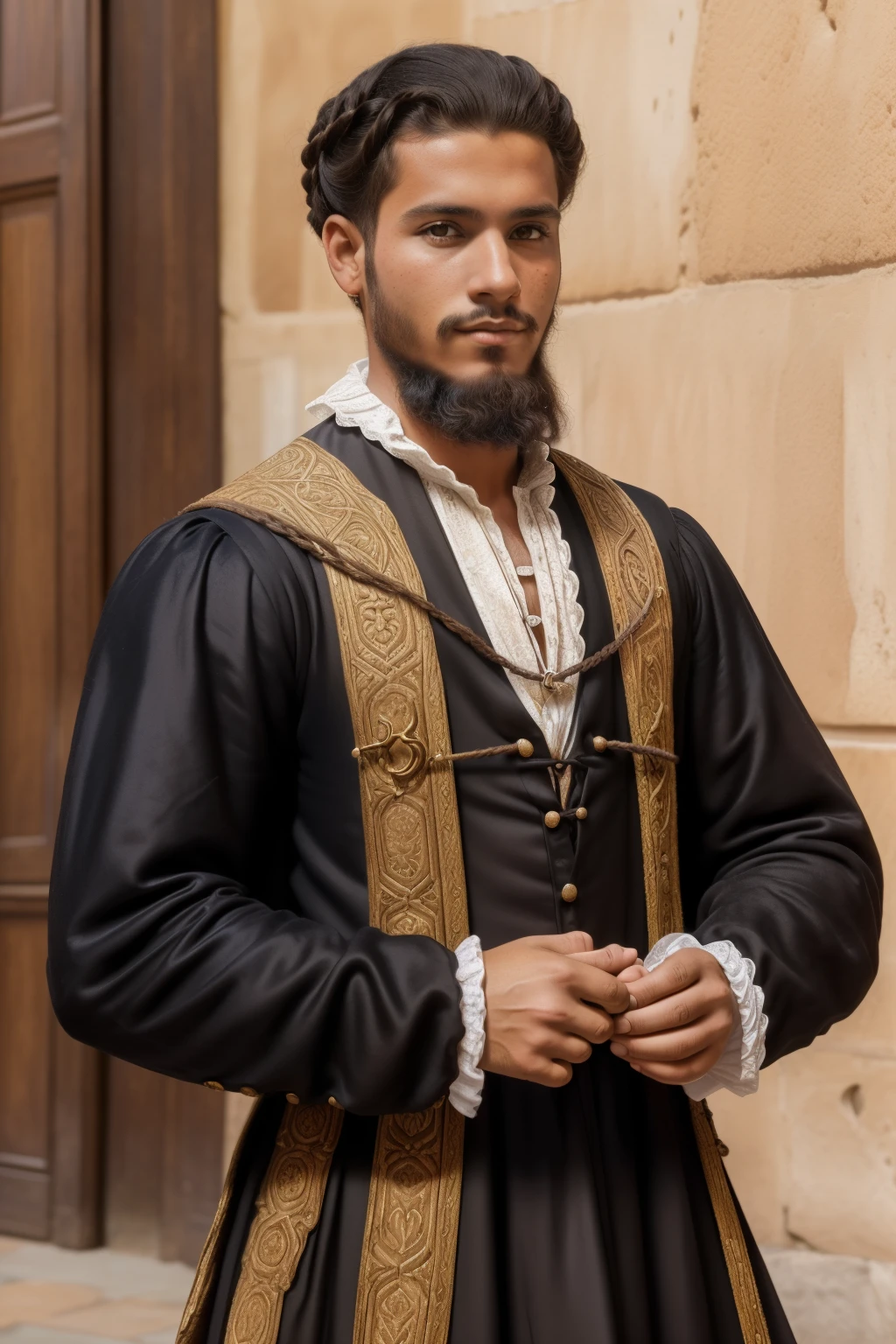 Seville, 1558. A young ((((22-year-old)) Carlos Cruz)), beard, ((((clothings from the 1550s)))), ((curly hairstyle of the 1550s)), colorful