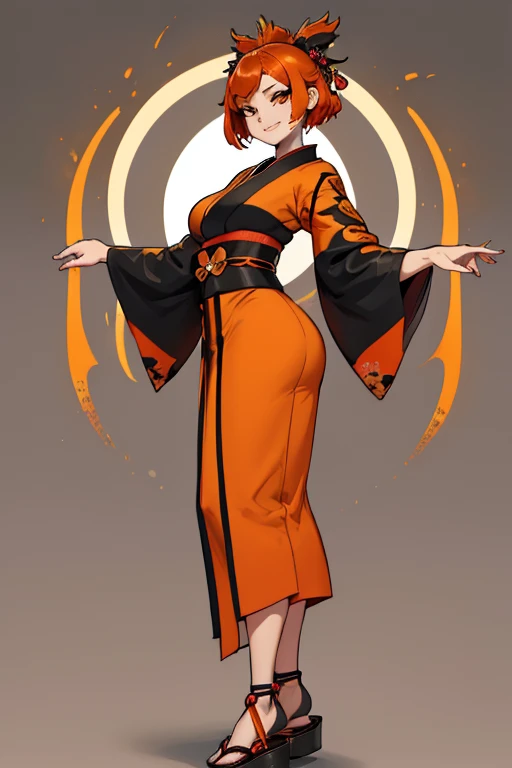 female, red short hair with yellow highlights, orange eyes, (((1girl))), (((black traditional ankle length kimono with orange trim))), (traditional sandals), cute and sexy, large breasts, large butt, full body, long legs, smiling