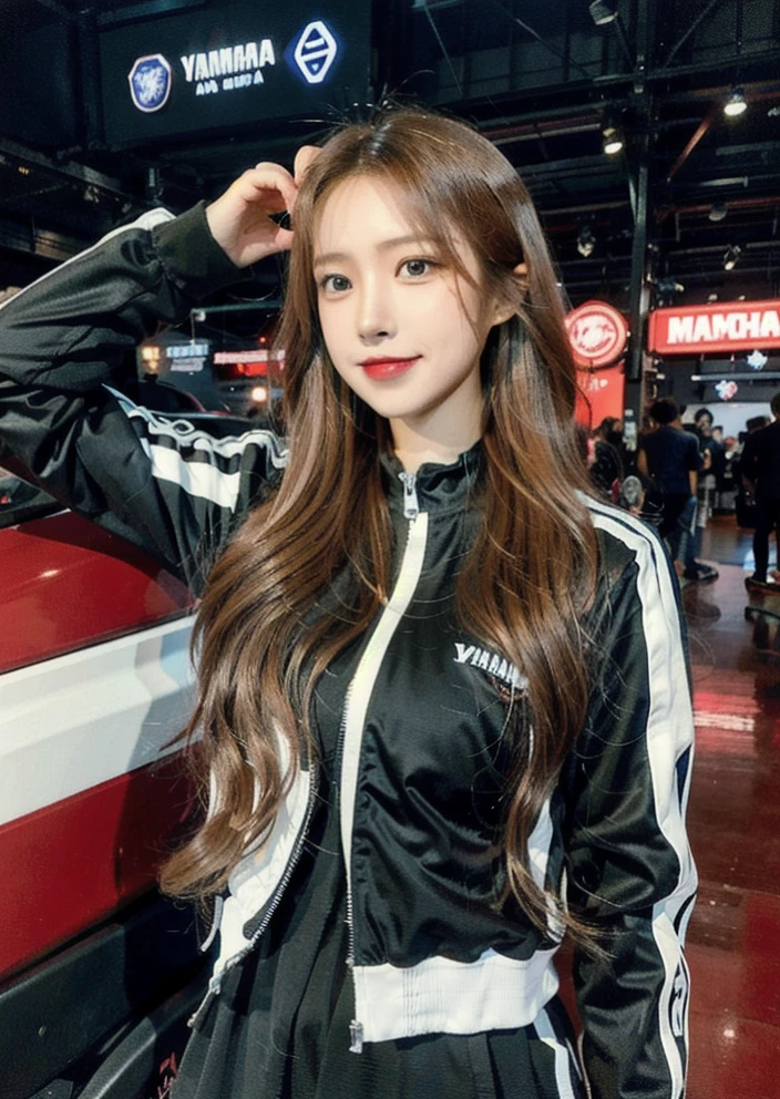 1woman, long hair brown, smile, red motor sports suit, background Yamaha motorbike,