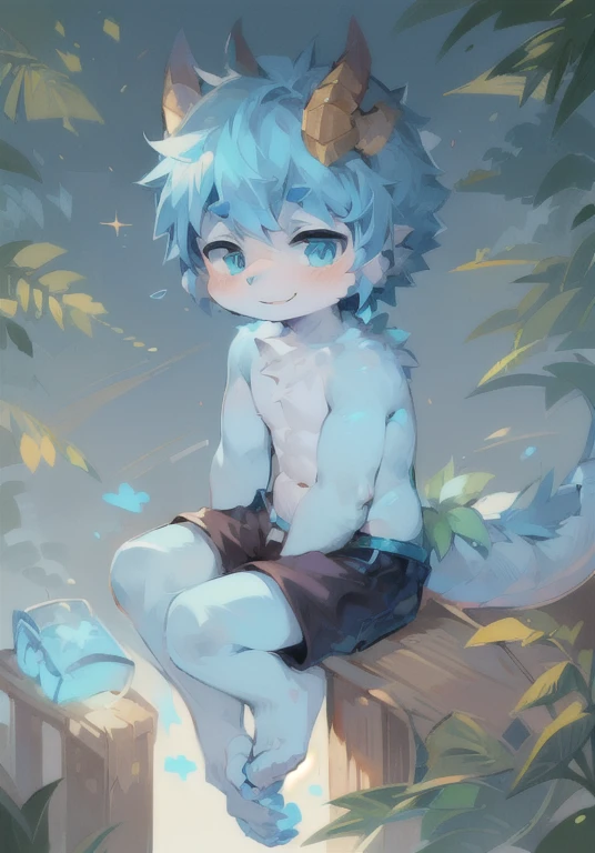 Anthropomorphic male hairy dragon,Light blue hair,Dragon Horn,Q version,(Toddler,), cute, Sitting, Masterpiece, high resolution,8k,high quality,(((solo))),(barefoot:0.6),Like a dream,magic,(Warm light source:1.2),Sitting on a branch,Happy expression,Topless,shorts,arm:Simple pattern。thigh:Simple pattern