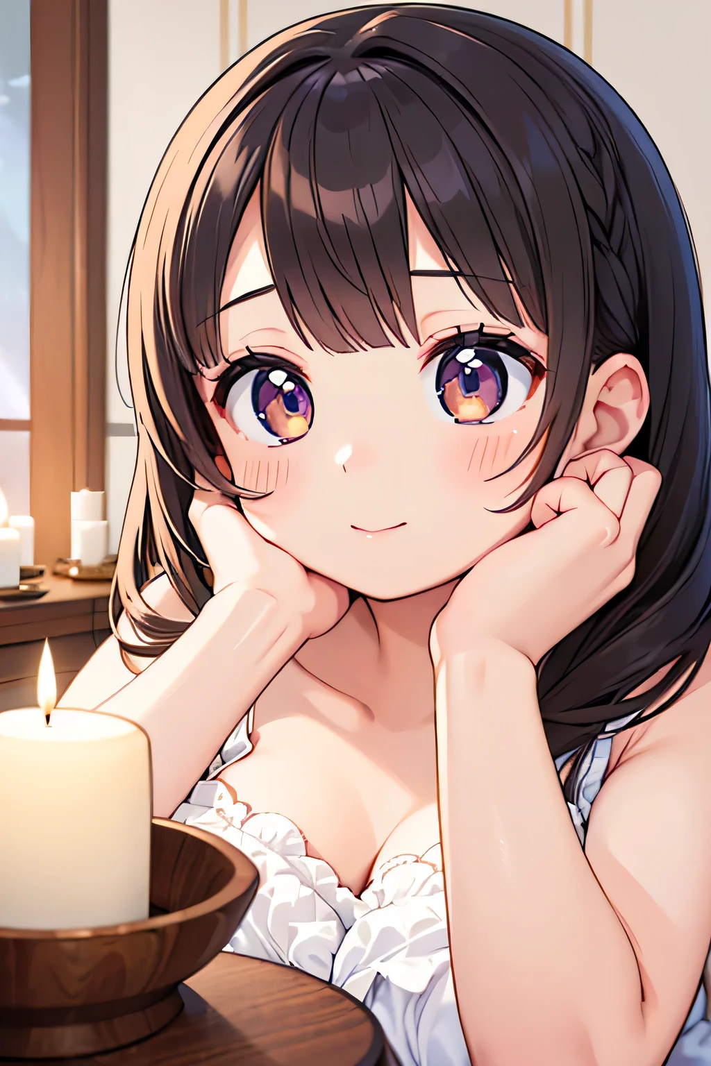 highest quality、High resolution、Detailed Background、(Beautiful face in every detail:1.4)、Anatomically correct、(Draw the usual number of fingers:1.2)、(Detailed facial expressions)、(Detailed eyes:1.2)、(Detailed eyes:1.2)、Beautiful, smooth skin、Beautiful women in their 20s、(Highly detailed face:1.4)、Cute hair color、Cute hairstyle、Wavy Hairstyle、Perfect body line、cute gesture、
(Woman enjoying relaxation time at home:1.5)、
You can set the mood by placing candles in your living room or bedroom to create a soft glow.、Choosing a scented candle will make you feel even more relaxed.、
Enjoy a relaxing massage or body care session at home and take the time to love yourself.、Enjoy your skincare time by using aroma oils and body creams.