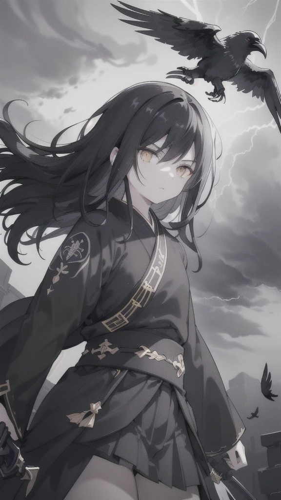 (dark hair,short black hair),(golden eyes),(black hanfu,black armor),(ink black longsword),(ravens),(high contrast,monochrome,black and white),(mystery,ominous),(stormy atmosphere,thunderstorm),(dramatic lighting),(detailed textures),(dynamic pose),(dark background)
