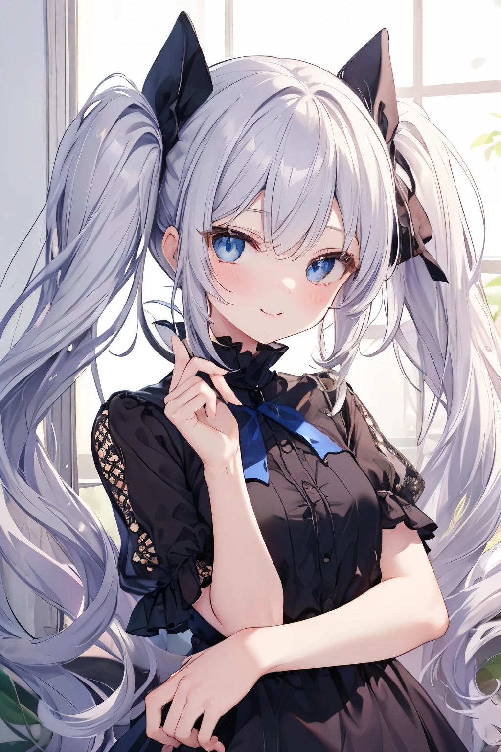 Silver-haired blue eyes、 girl、Small breasts、Twin tails、Laughter、Nico Nico Smile、Wink、 girl、Looks about 、Petan Musume、short、Wearing cute short-sleeved clothes、There are highlights on the eyes