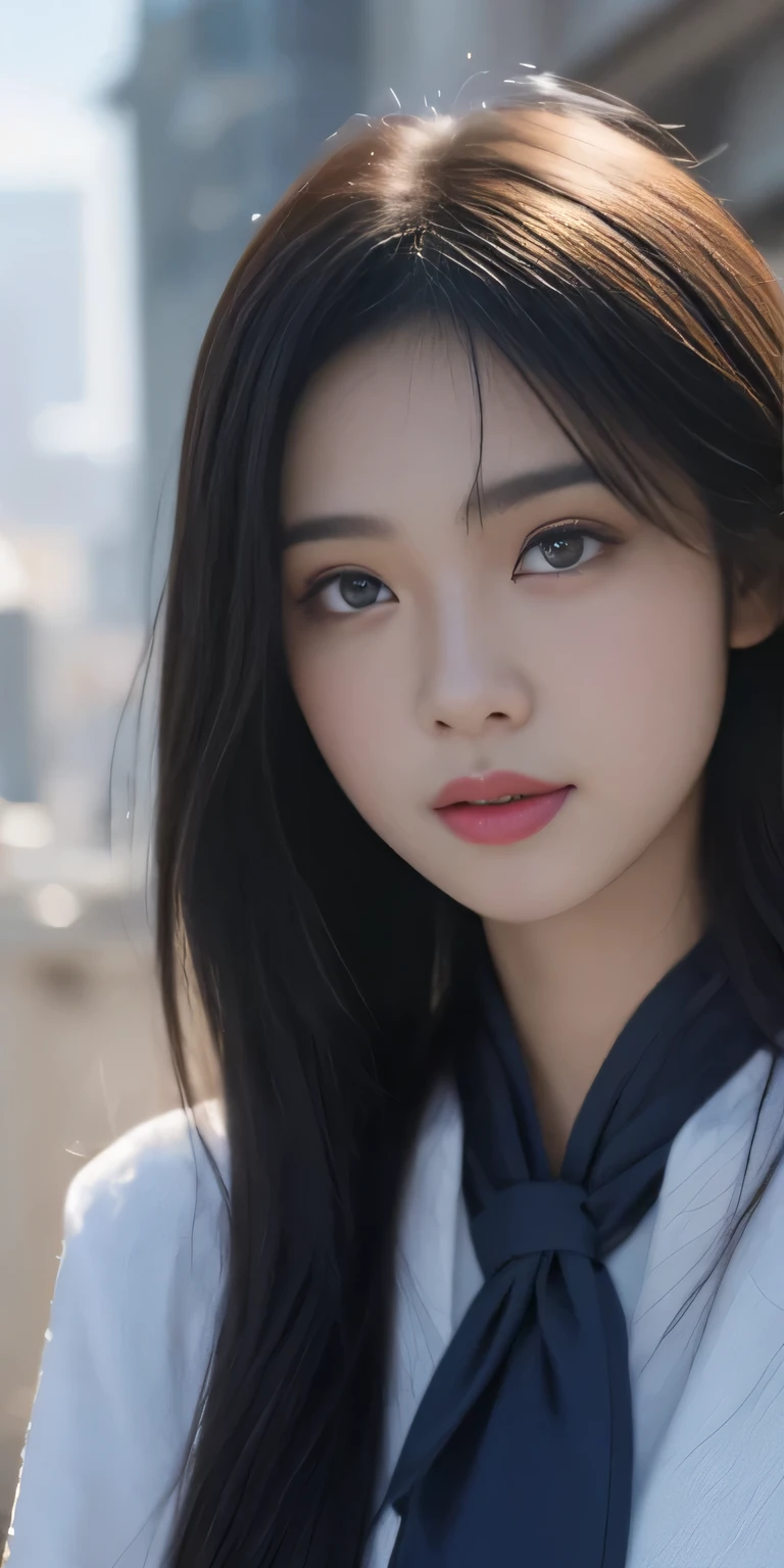 （1 Girl：1.3）， solo， （（（Very Very Detailed face））），（（Very detailed eyes and face））），Beautiful and delicate eyes，body parts__，official art，unified 8k wallpaper，Super detailed，Pretty and beautiful，??????????? beauty，masterpiece，Best quality，original，masterpiece，Ultra-fine photos，Best quality，Ultra-high resolution，Realism，Sunlight，Full body portrait，Stunning beauty，，dynamic poses，Delicate face，Vibrant eyes，（From the front）， navy，Red and black color scheme，navy，Very detailed city roof background， roof，Overlooking the city，Detailed face，Detailed complex busy background，untidy，Gorgeous，Milky white W，Highly refined skin，Realistic skin details，Visible pores，Be focused，Volumetric Fog，8K Ultra HD，Digital SLR Camera，high quality，Film Grain，White skin，Photorealism，Rama Photography，The huge metropolis of the future dystopia， translucent