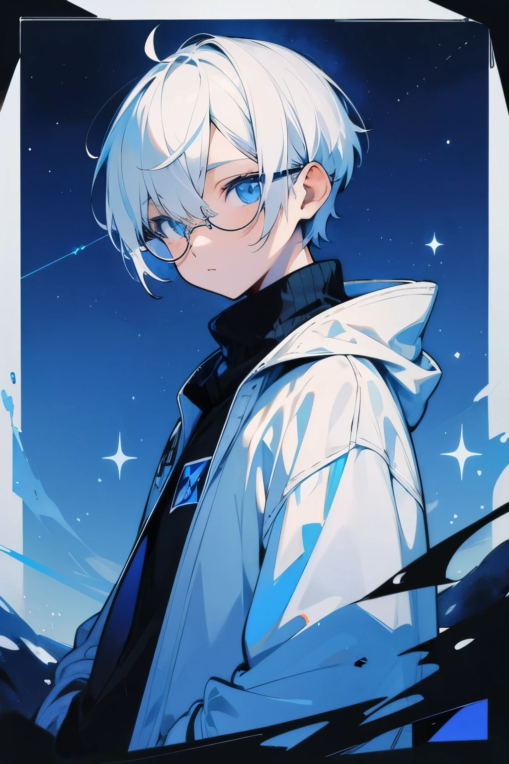 White hair，short hair，youth，clear sky blue eyes，Black square frame glasses。Pure white sweatshirt。Starry Sky，night