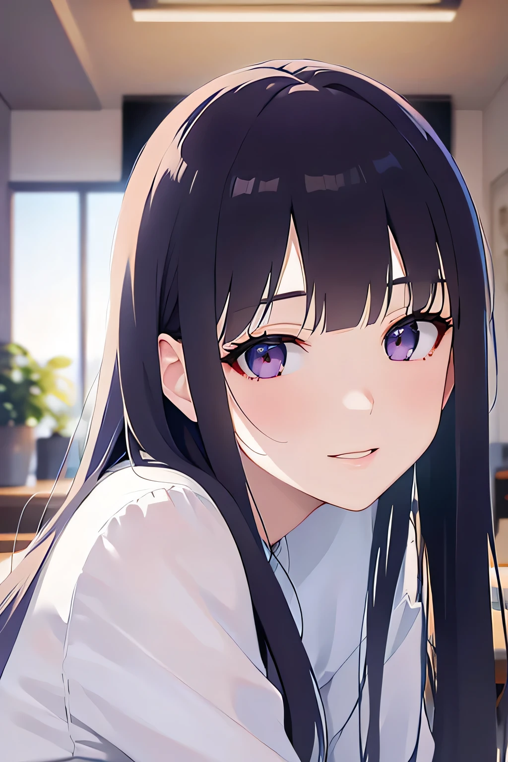 Side angle, (avert your eyes:1.5), Realistic, (Pale skin: 1.2), RAW Photos, Realistic, Portrait Photography, Shiny skin, Japanese Idols,Shiny Hair,(A 25-year-old woman with medium-length straight hair and bangs) and (Black Hair) and (Purple eyes) ,smile, Background is an office room,by 2 person,All naked,naked