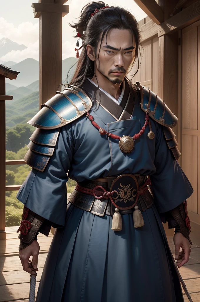 ((top-quality)), ((masterpiece)), ((Photorealsitic)), (ultra-detailliert),(Upper body only),(Detailed facial features)、(natta)、(clothed)、 No watermark signature, Magnificent castle in the background , Detailed background,, insanely detaileda,shaven, complexly detailed, ((masterpiece)), absurderes, HDR, UHD, 8K, (Align Center, Frame Center), (sharp focus, charactor focus), 1male people, japanese samurai,Blue armor、 Wearing Japan armor, armor、Sengoku Warlord, brave、 male people, homely、Busaku、The face is not in order、 Unpopular face、natta、samurais、samurais