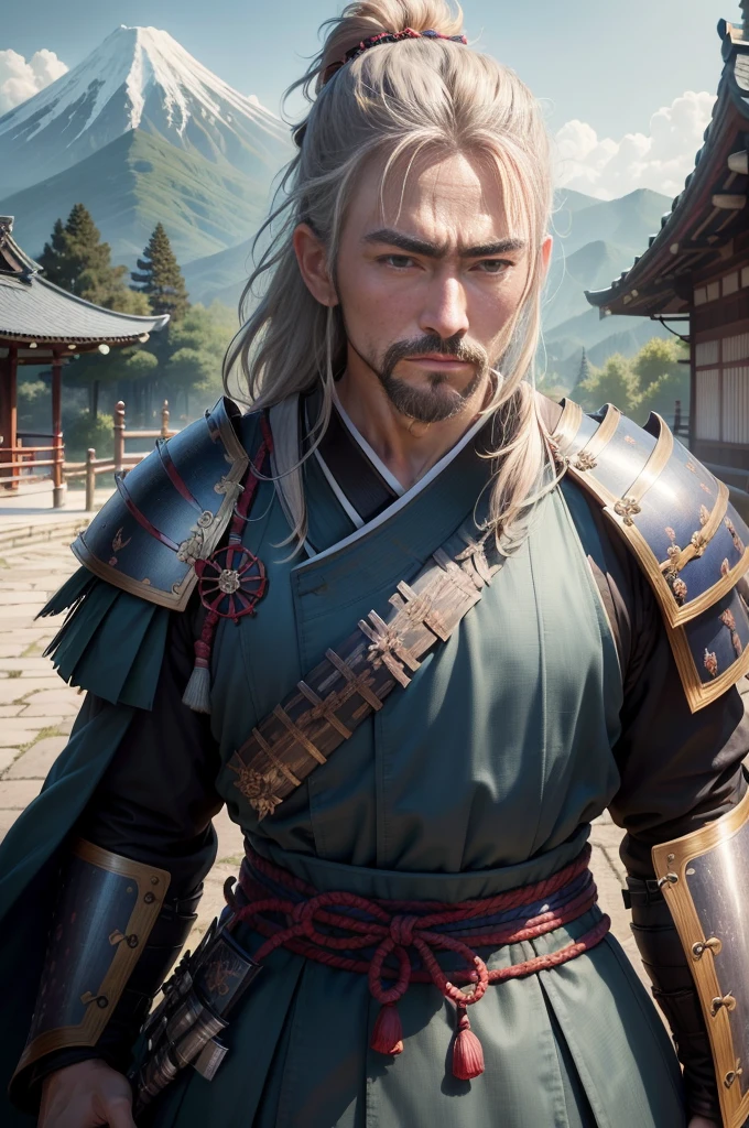 ((top-quality)), ((masterpiece)), ((Photorealsitic)), (ultra-detailliert),(Upper body only),(Detailed facial features)、(natta)、(clothed)、 No watermark signature, Magnificent castle in the background , Detailed background,, insanely detaileda,shaven, complexly detailed, ((masterpiece)), absurderes, HDR, UHD, 8K, (Align Center, Frame Center), (sharp focus, charactor focus), 1male people, japanese samurai,Blue armor、 Wearing Japan armor, armor、Sengoku Warlord, brave、 male people, homely、Busaku、The face is not in order、 Unpopular face、natta、samurais、samurais
