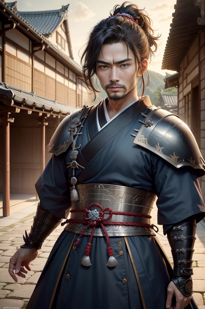 ((top-quality)), ((​masterpiece)), ((Photorealsitic)), (ultra-detailliert),（Upper body only）,（Detailed facial features）、（natta）、（clothed）、 No watermark signature, Magnificent castle in the background , Detailed background,, insanely detaileda,shaven, complexly detailed, ((​masterpiece)), absurderes, HDR, UHD, 8K, (Align Center, Frame Center), (sharp focus, charactor focus), 1male people, japanese samurai,Blue armor、 Wearing Japan armor, armor、Sengoku Warlord, brave、 male people, homely、Busaku、The face is not in order、 Unpopular face、natta、samurais、samurais